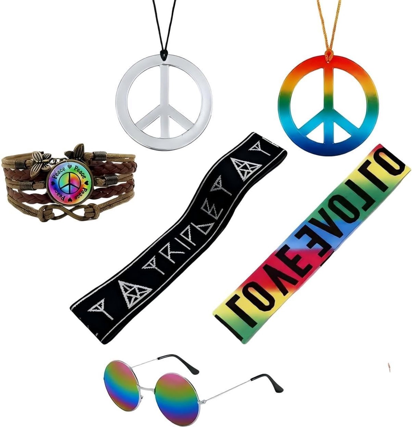 Kleurrijk 6-delig hippie accessoires set voor vrouwen - Retro kostuum met zonnebril, hoofdband en ketting voor festivals en feesten