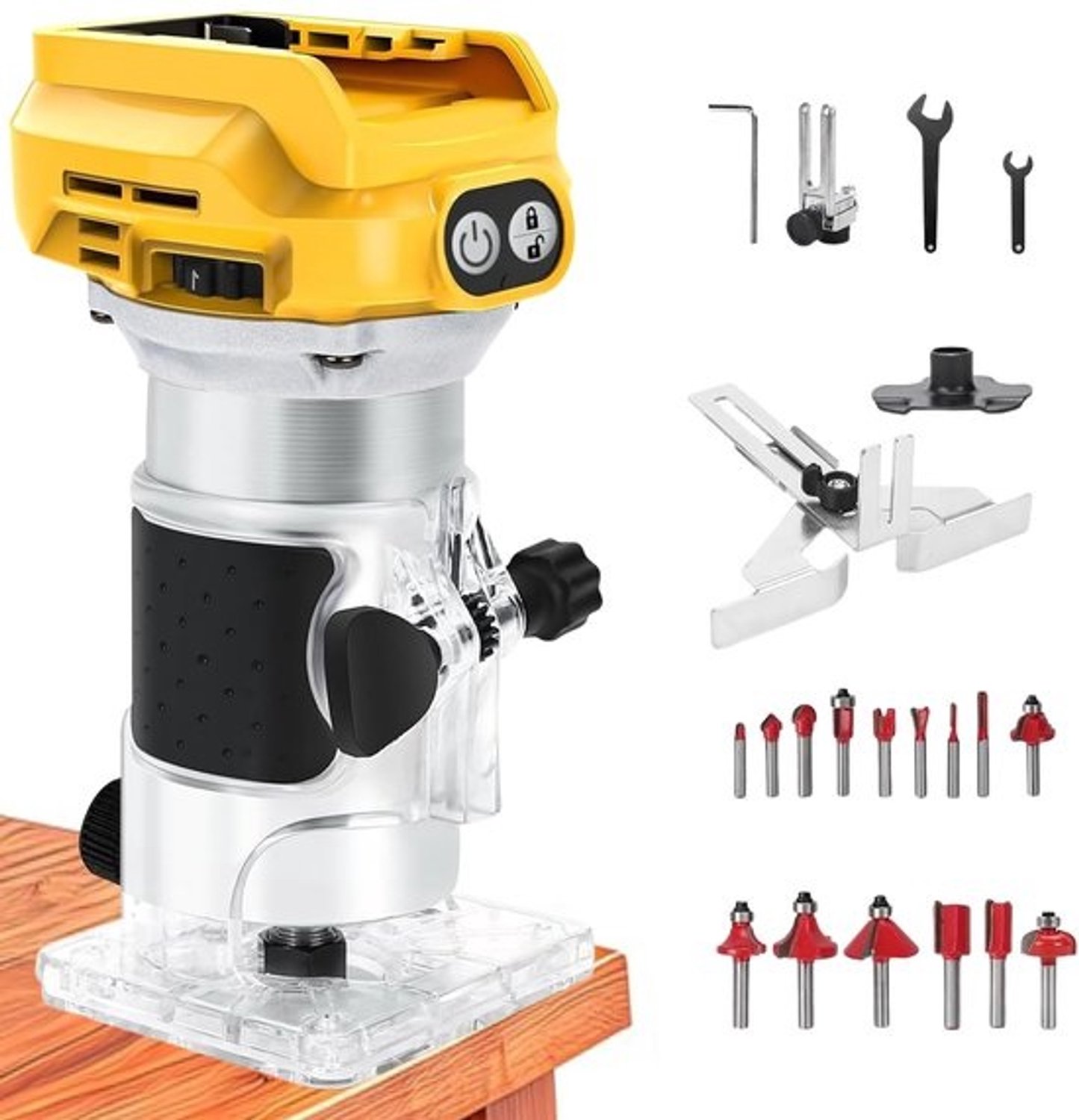 SnelShoppen - Bovenfrees - 1300 W - Borstelloze randfrees - 20 V/18 V accu - 6 snelheden - Eenhandfrees - Voor houtbewerking - 15 stuks freesset - DIY Ger