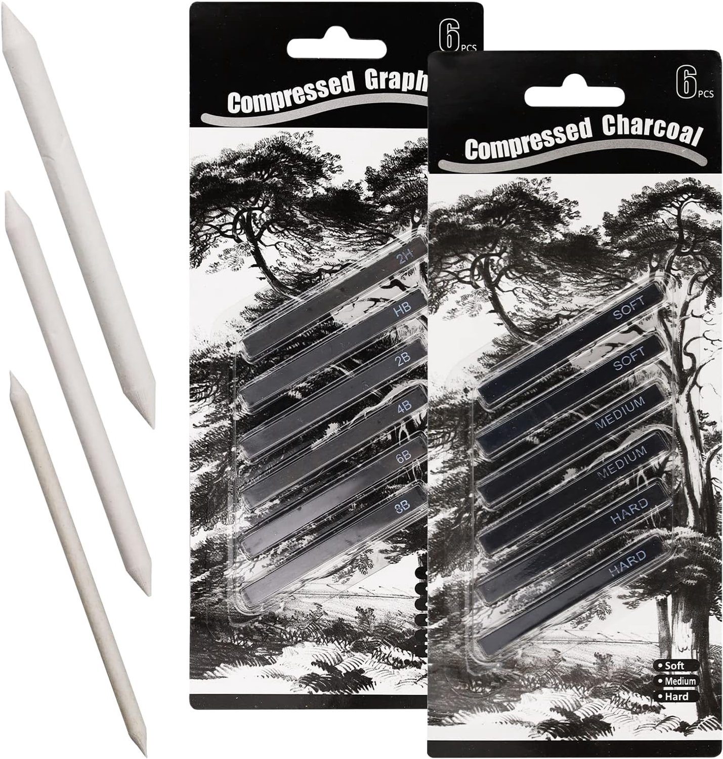 Set of 12 Graphite Sticks with 3 Mixtures, Compressed Cabbage Squares for Crafting, Drawing, Sketching, Shading, Beginners and Artists