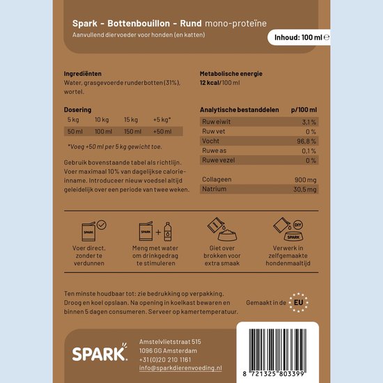 Achterkant van SPARK bottenbouillon rund mono-proteïne, met voedingsinformatie.