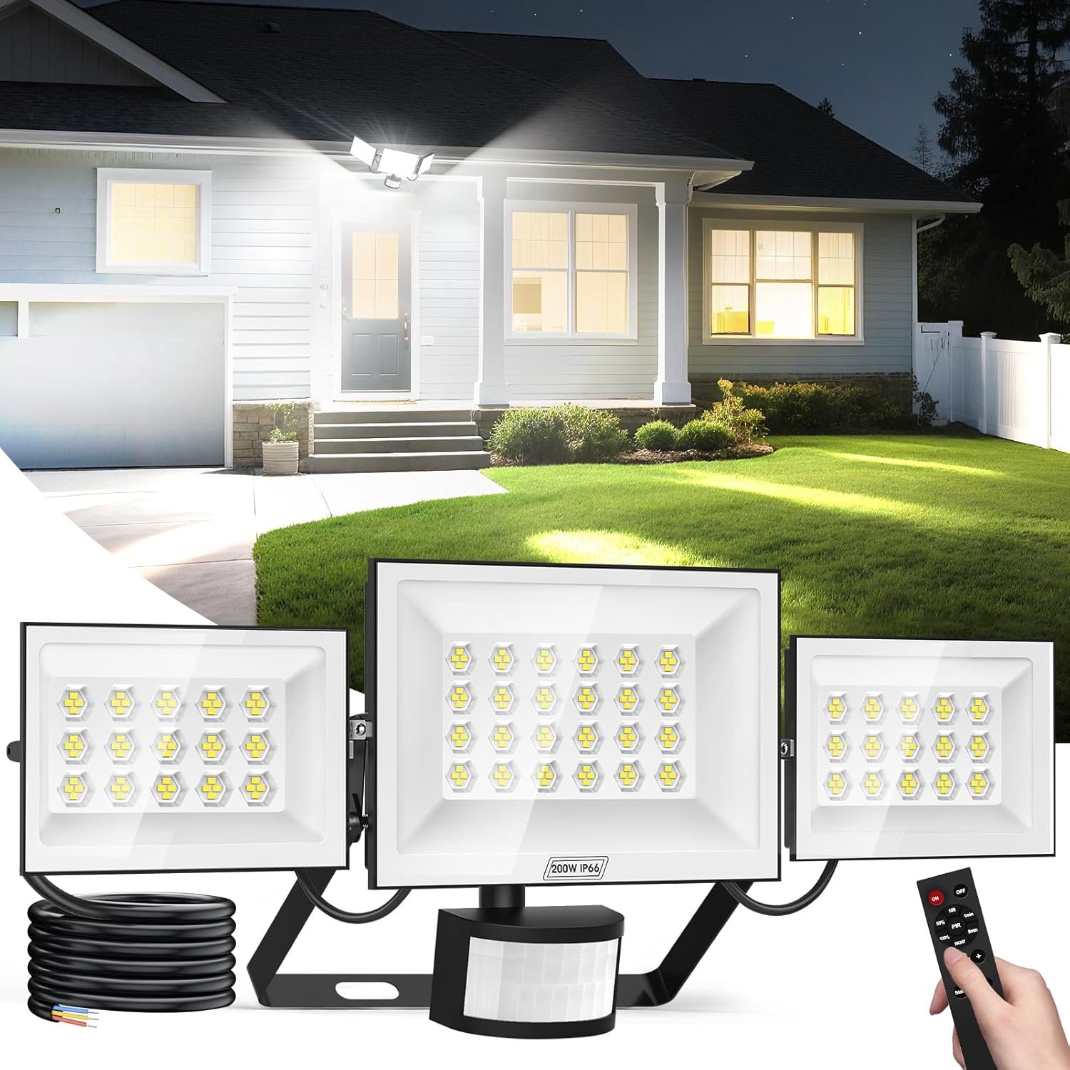 200 W led-buitenlamp met bewegingsmelder, 3 koppen, helderheid dimbaar, buitenspot met bewegingsmelder, voor garage - ShopVlot