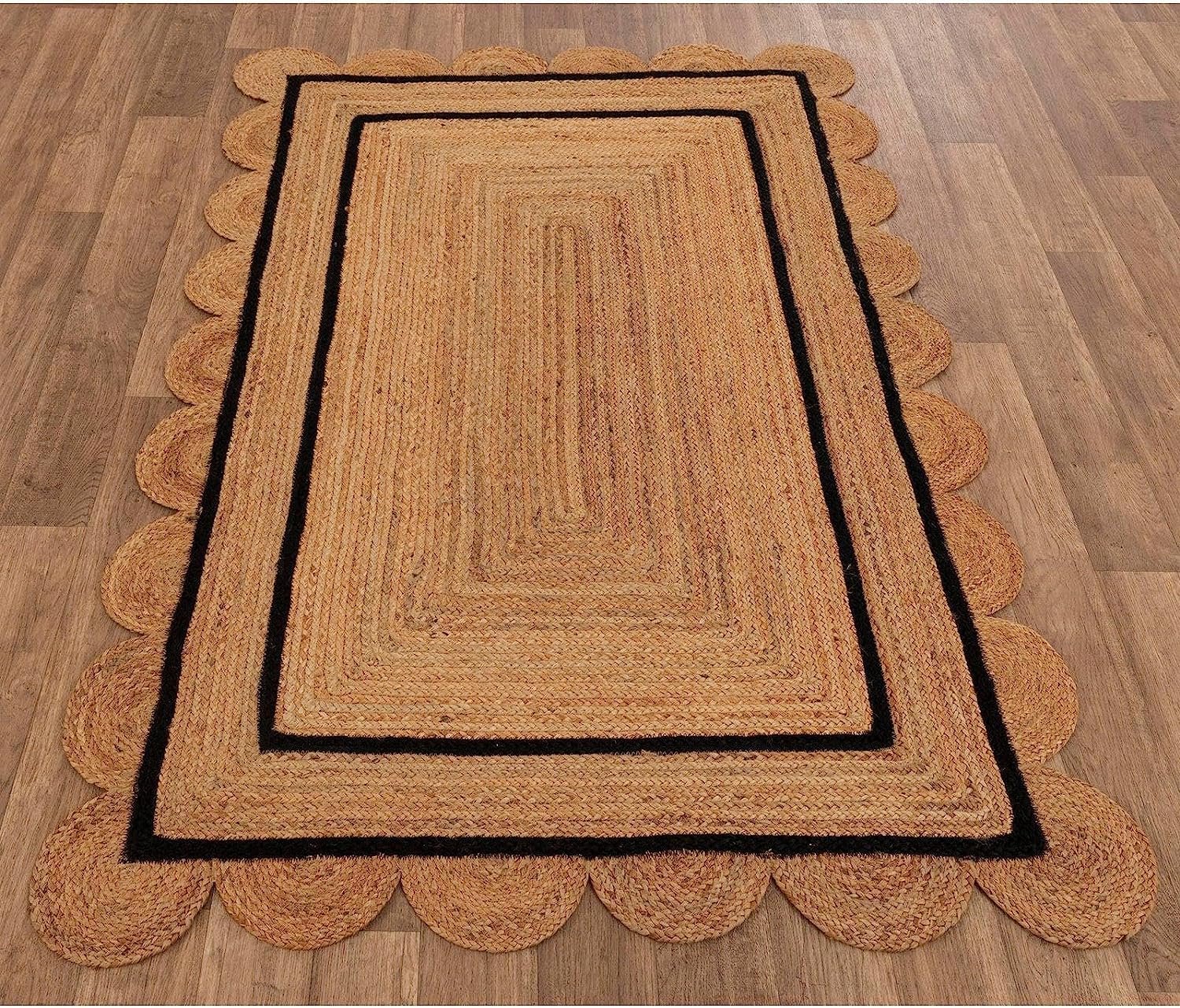 Geschulpte natuurlijke jute gebied tapijt gevlochten Boheemse woonkamer boerderij tapijten (natuurlijk/zwart, 7' vierkant)