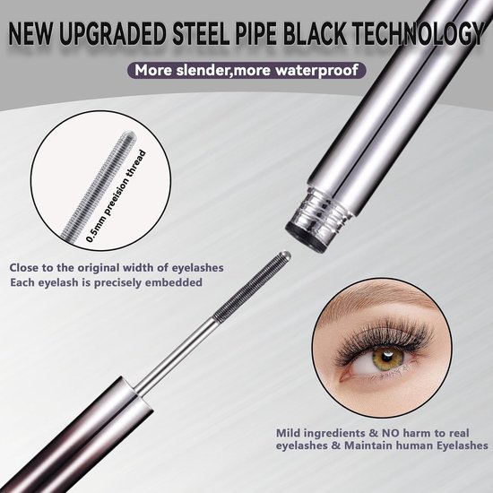 2 stuks Iron Eye Mascara, wasbare metalen mascara, 5D Curling Eyelash Iron Lascara, zwart, waterbestendig, met vezels voor meer lengte en volume, natuurlijk, niet smerend — afbeelding 5
