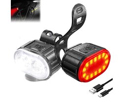 Fietsverlichting - Set voor- en achterlicht - LED-fietsverlichting - USB oplaadbaar - Met spot- en breedstralerstanden - Geschikt voor nachtelijke ritten op de weg en mountainbike - 2 stuks