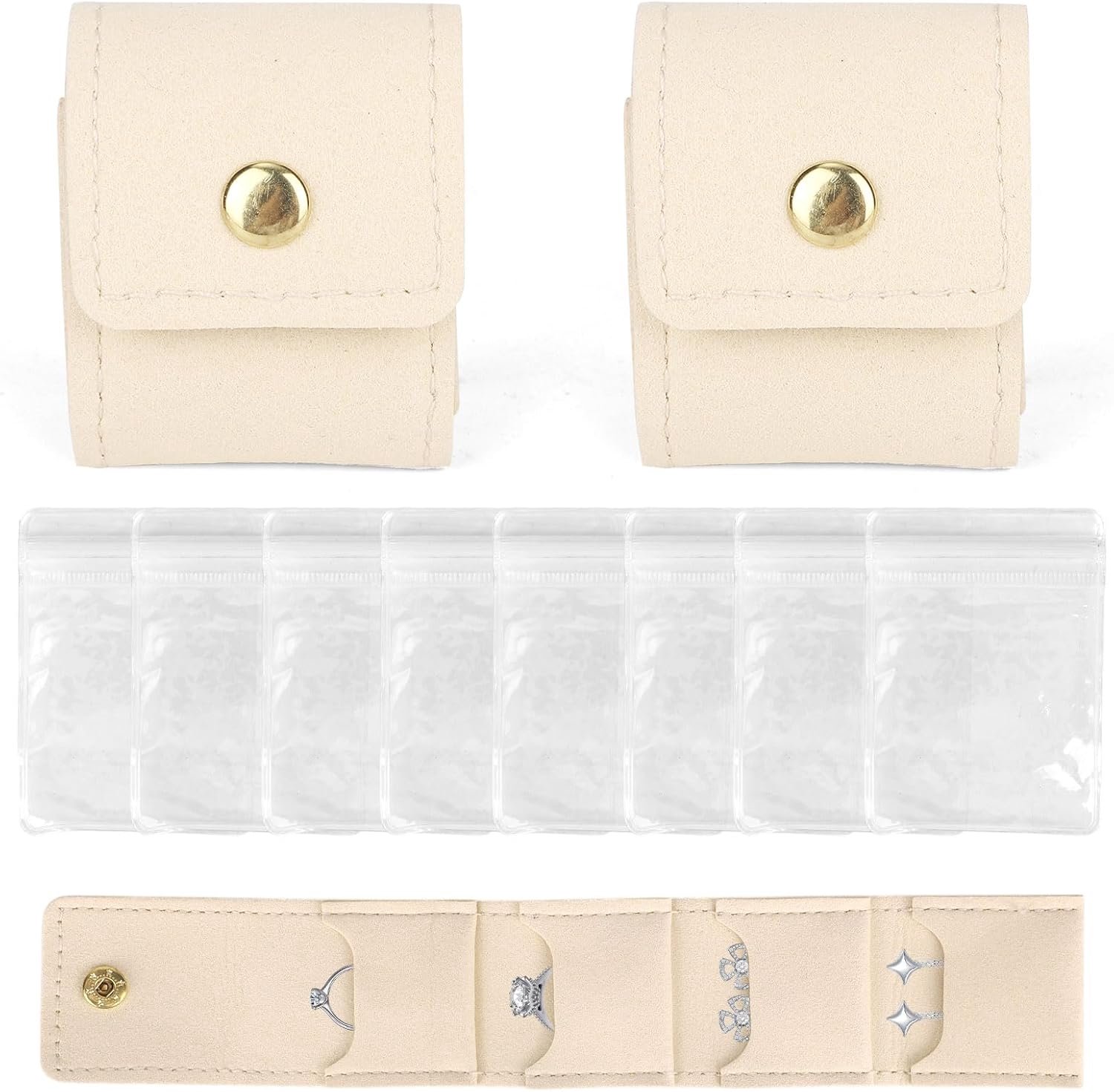 2st Mini Reistassen voor Sieraden, Opvouwbare Organizer met Drukknoop en 8 PVC Sieradenzakjes voor Oorbellen Ringen en Kettingen