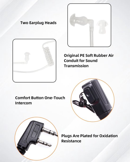 2 stuks draadloze headset, 2 pins, compatibel met Baofeng UV-5R Plus BF-88S BF-88E walkietalkie JUCJET RT24 RT668 RT27 RT24V RT617 RT86, hoofdtelefoon, radio, hoorslang, politie — afbeelding 5