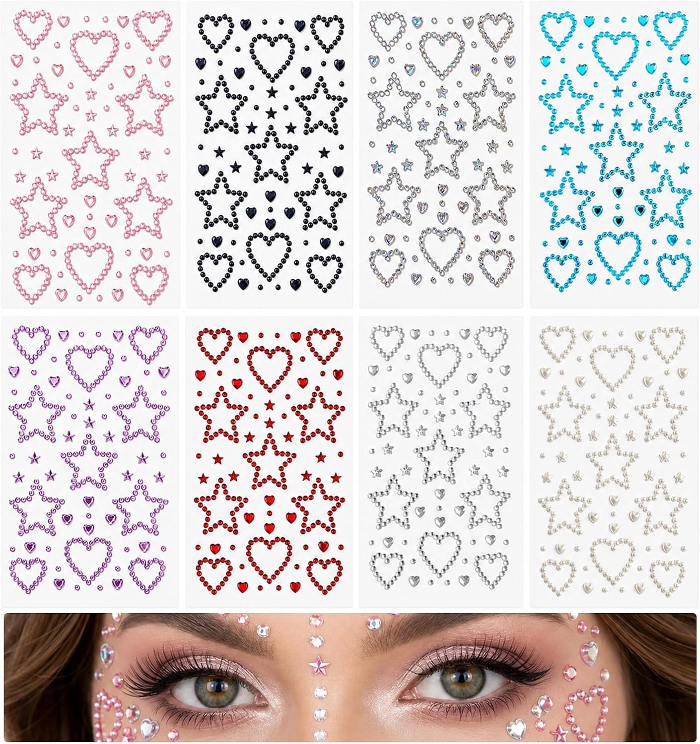 8 vellen glitterstenen, zelfklevend, gezicht, sterren, hartjes