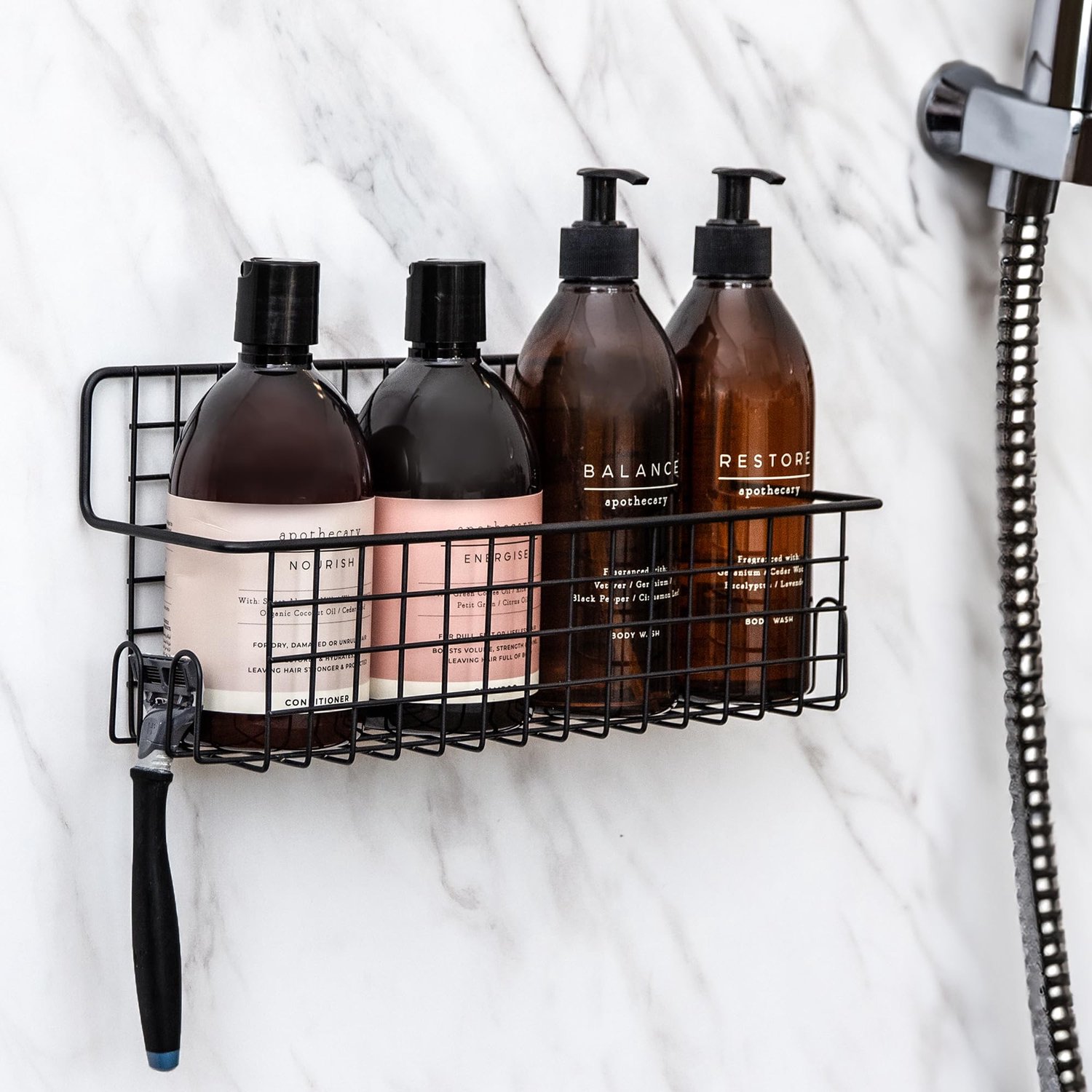 Kempt Zwarte douche/bad Caddy met haken, roestvrij stalen badkamer organizer plank, zonder boren, roestvrij, metalen - ShopVlot