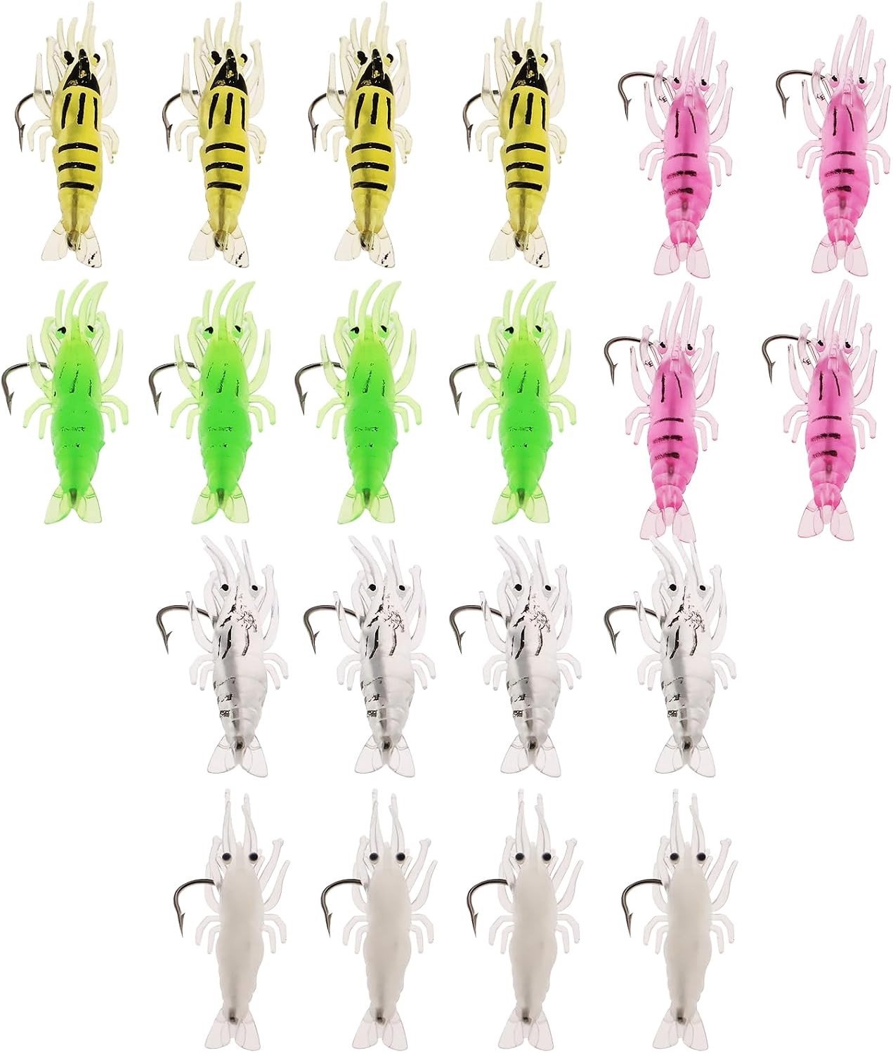 20 zachte garnalen kunstaas 3.5 cm voor forel, zeebaars en zalm - groen, transparant, geel en roze, ideaal voor vissen