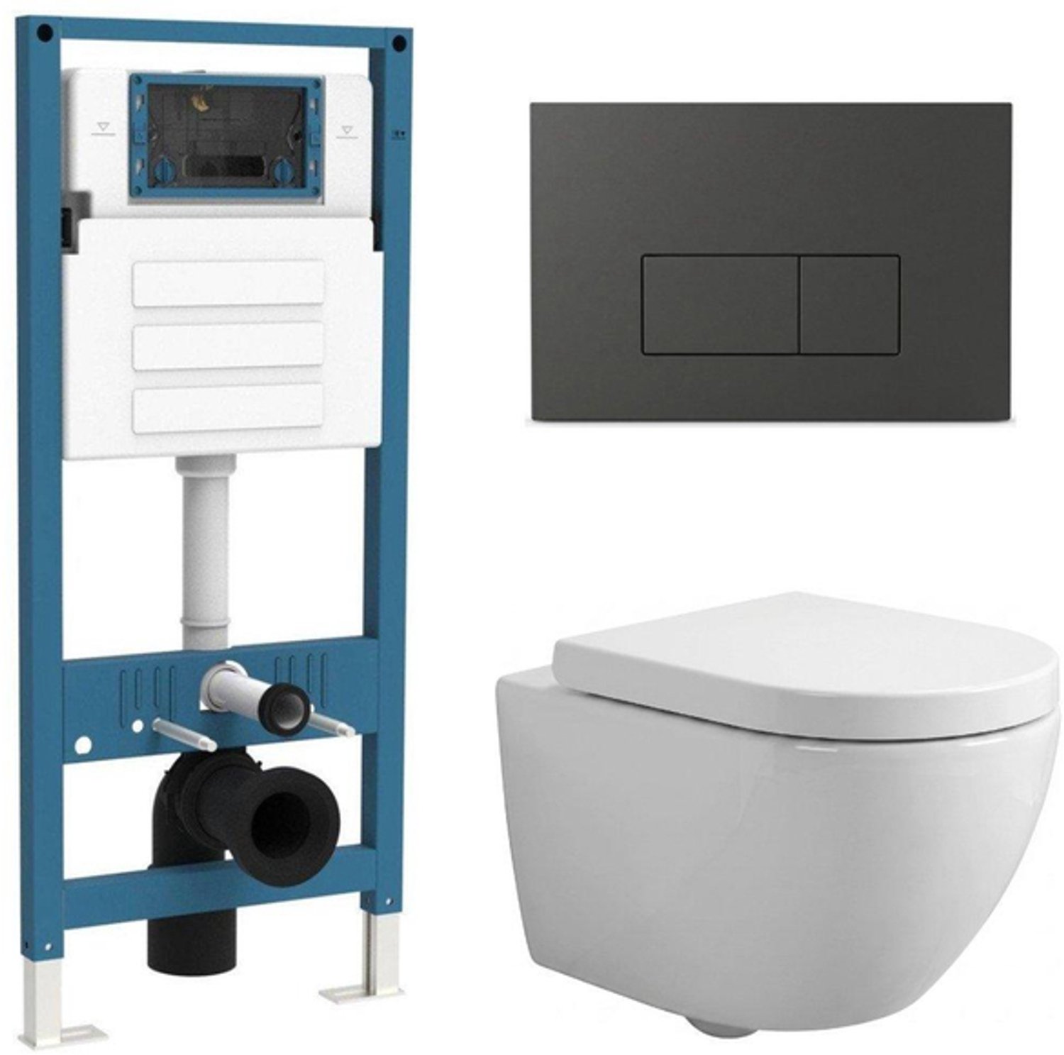 QeramiQ Dely Swirl Compact Toiletset - inbouwreservoir QeramiQ flush - 25mm zitting - kunststof bedieningsplaat mat antraciet - rechthoekige knoppen - glans wit