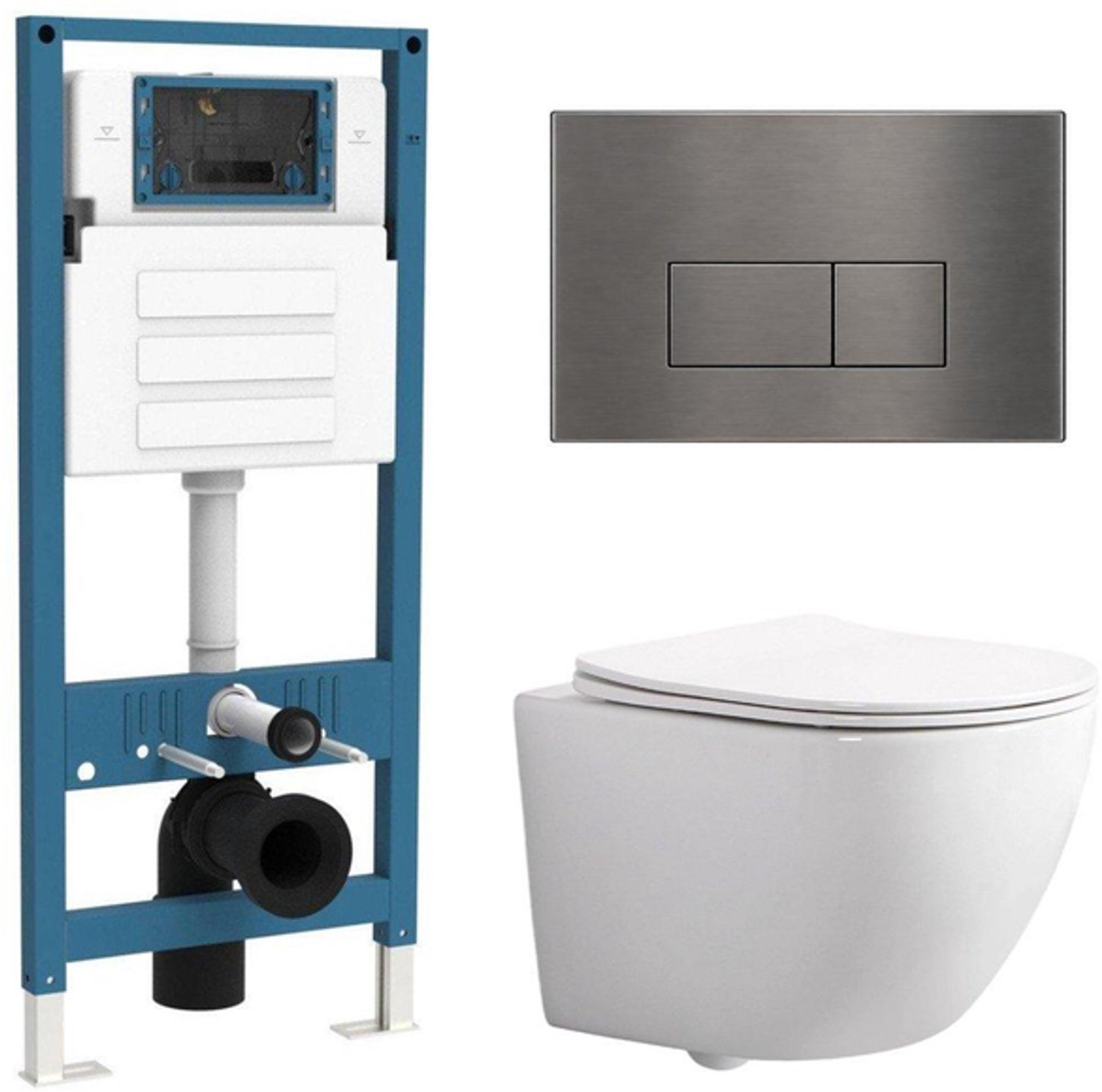 QeramiQ Dely Swirl Compact Toiletset - inbouwreservoir QeramiQ flush - slim zitting - metalen bedieningsplaat gunmetal - rechthoekige knoppen - glans wit