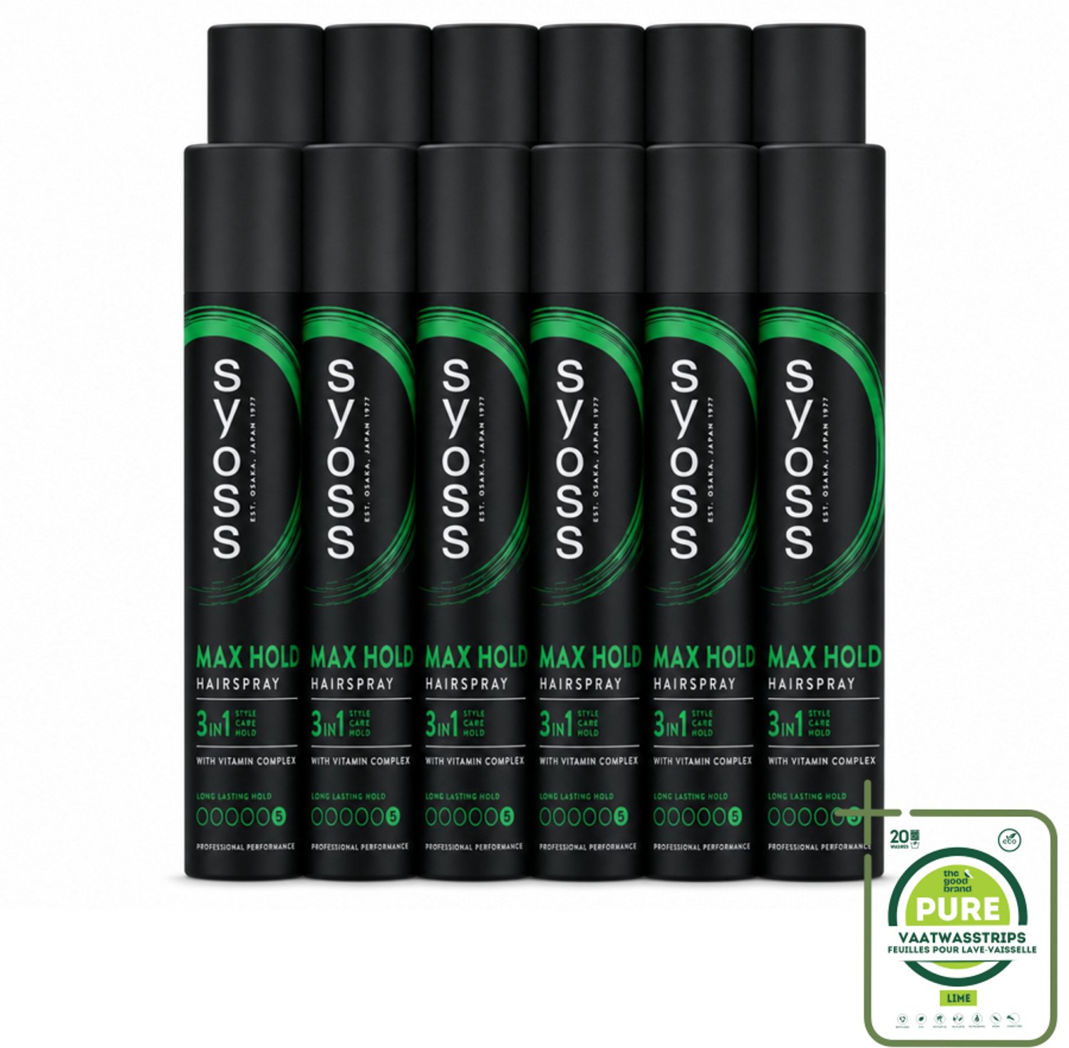 12 x Syoss - Max Hold - Haarspray - 300 ml - Grootverpakking - Vaatwasstrips - Haarspray - Fixatie - Haarkleur - Haarstructuur - Haarversterking