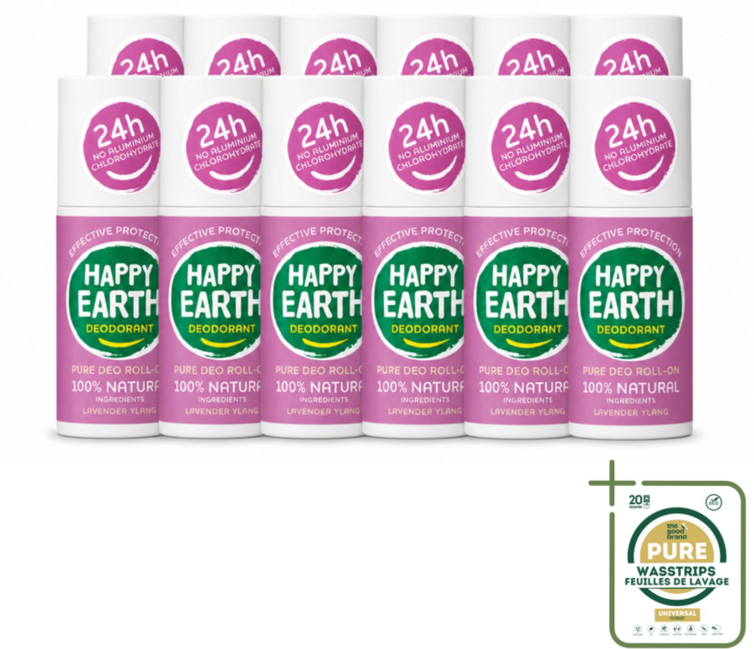 12 x Happy Earth – Deodorant Roll-On – 100% Natuurlijk Lavender Ylang – 75 ml - Wasstrips - Natuurlijke Deodorant - Roll-on Deodorant - Lavendel Geur - Ylang-ylang Geur - Huidvriendelijk