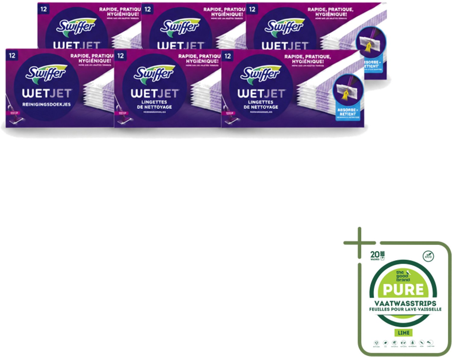 6 x Swiffer - WetJet – Reinigingsdoekjes – Navullingen – 12 doekjes - Grootverpakking - Vaatwasstrips - Absorberende Navuldoekjes - Spraymop Doekjes - Vloer Reinigen - Vuil Opnemen - Vet Opnemen