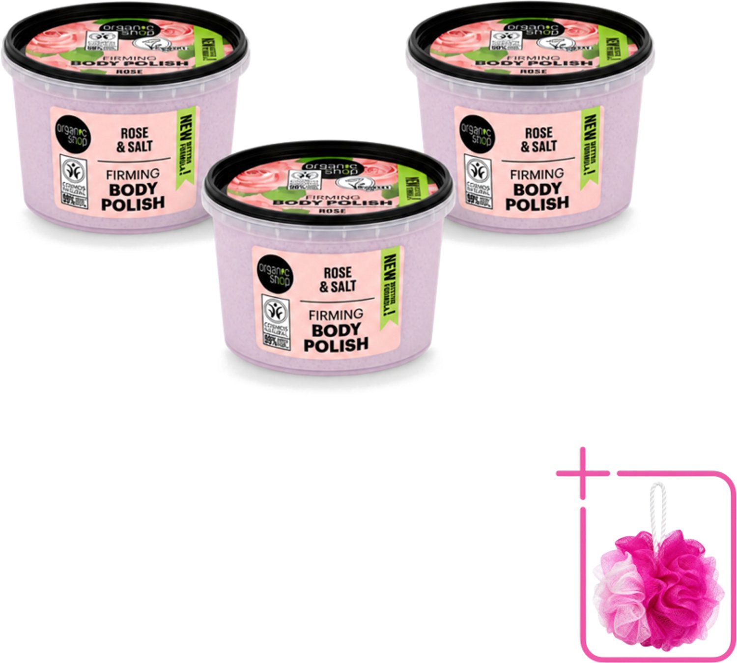 3 x Organic Shop - Body Scrub Rose - Hydraterend en Verzorgend - 250 ml - Bulkverpakking - Bodyscrub - Douchemop - Huidverzorging