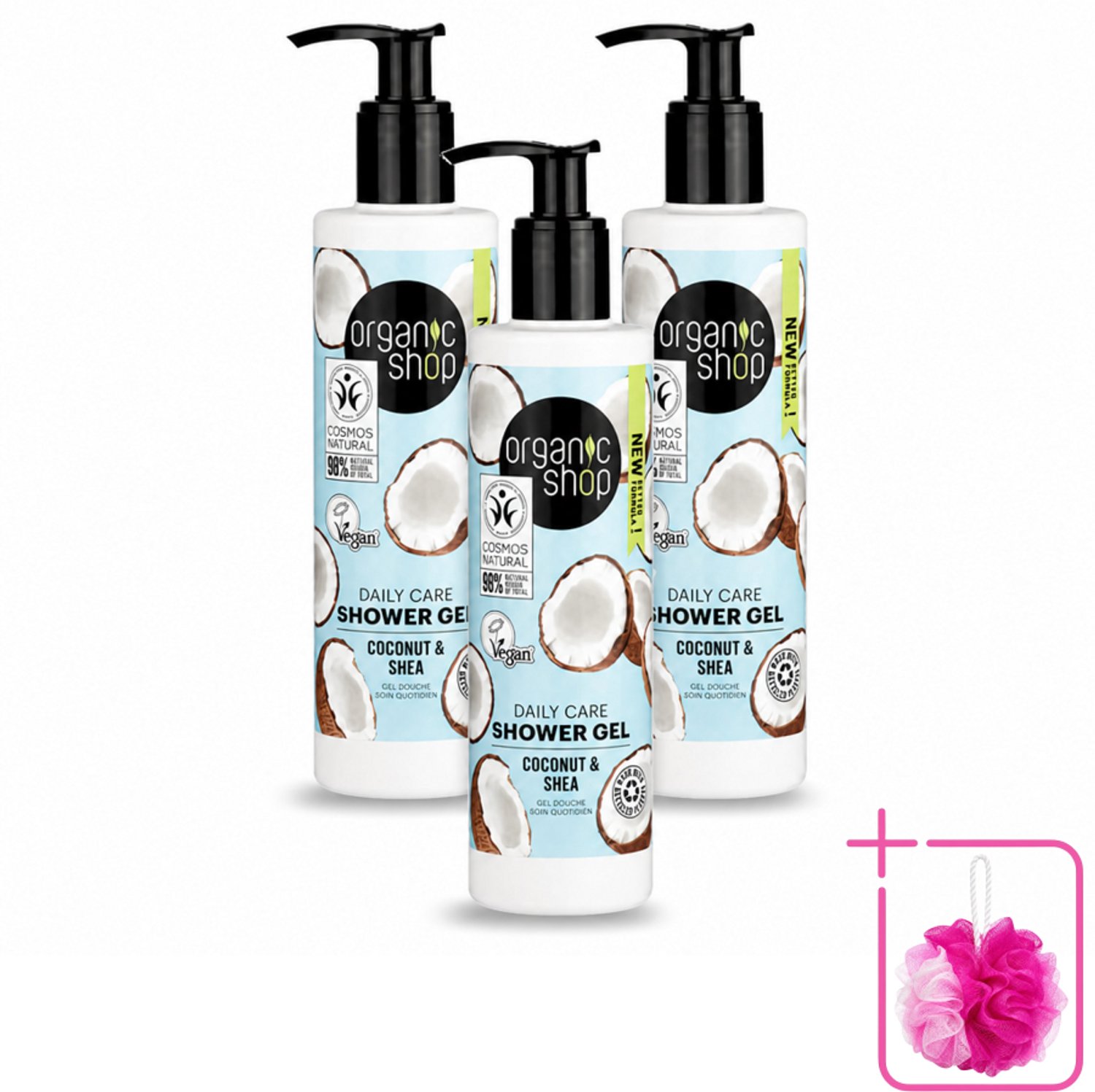 3 x Organic Shop - Daily Care Coconut & Shea Shower Gel - Hydratatie & Verzorging - 280 ml - Bulkverpakking - Douchegel - Douchemop - Natuurlijke douchegel