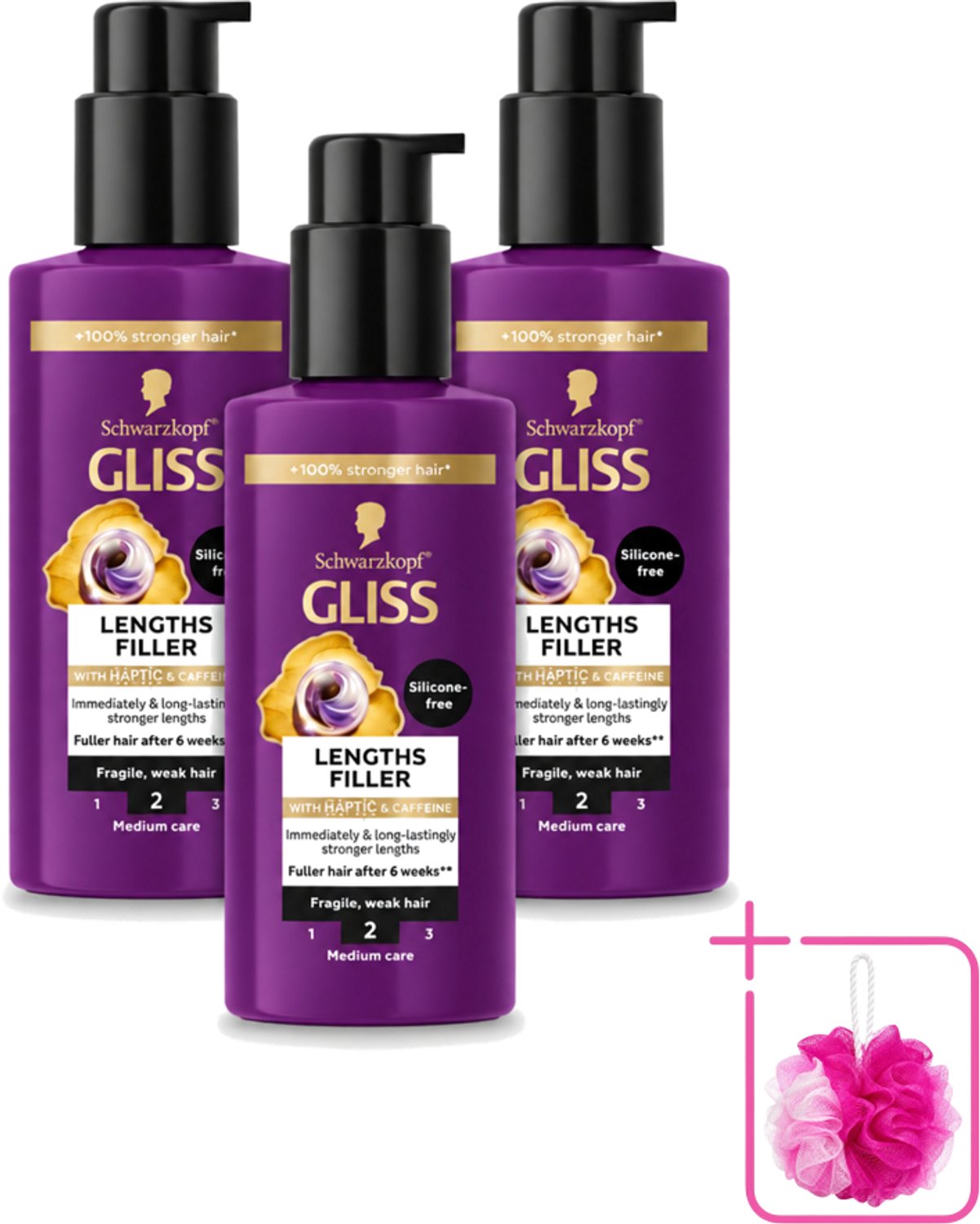 3 x Gliss - Haarserum - Lengths Filler - Siliconenvrij met Cafeïne - Voor Sterker Haar - 100 ml - Bulkverpakking - Haarserum - Douchemop - Cafeïne
