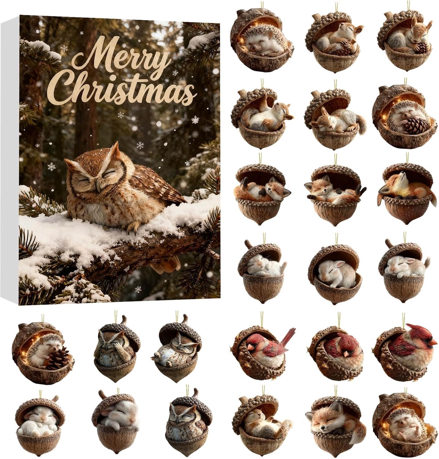 Adventskalender, 2D-decoraties van acryl met dieren en eikels, adventskalender 24 dagen voor Kerstmis, voor woonkamer, slaapkamer, keuken, entree