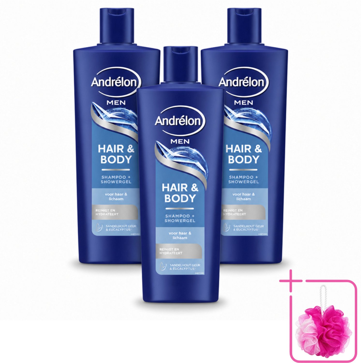 3 x Andrélon – Shampoo – Hair & Body Men – 400 ml - Bulkverpakking - Mannelijke haar en huid verzorging - Douchemop - 2-in-1 shampoo en showergel