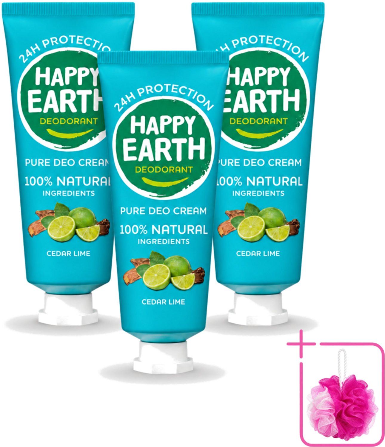 3 x Happy Earth – Deodorant Cream – 100% Natuurlijk Cedar Lime – 40 ml - Bulkverpakking - Natuurlijke deodorant - Deodorant crème
