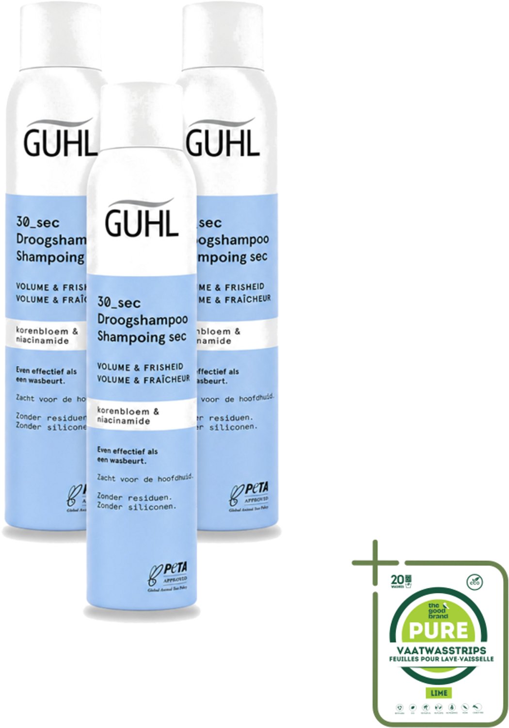 3 x Guhl – Droogshampoo – Volume & Frisheid 30 sec – 200 ml - Grootverpakking - Vaatwasstrips - Droogshampoo - Volume En Frisheid - Snel Resultaat - Korenbloem - Niacinamide