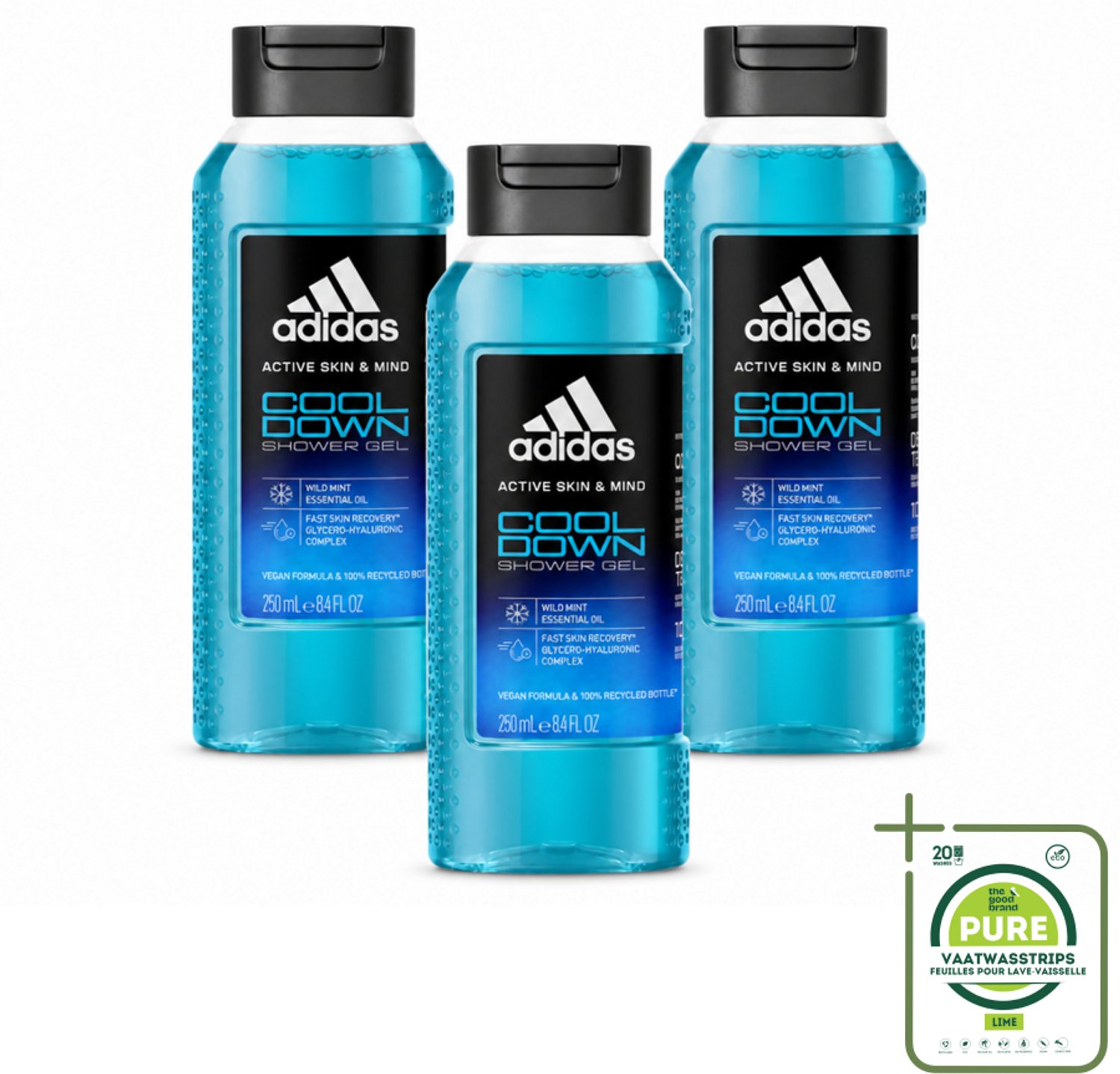 3 x Adidas – Douchegel – Active Skin & Mind Cool Down – 250 ml - Grootverpakking - Vaatwasstrips - Douchegel - Verkoeling - Menthol - Wilde Munt - Hydratatie
