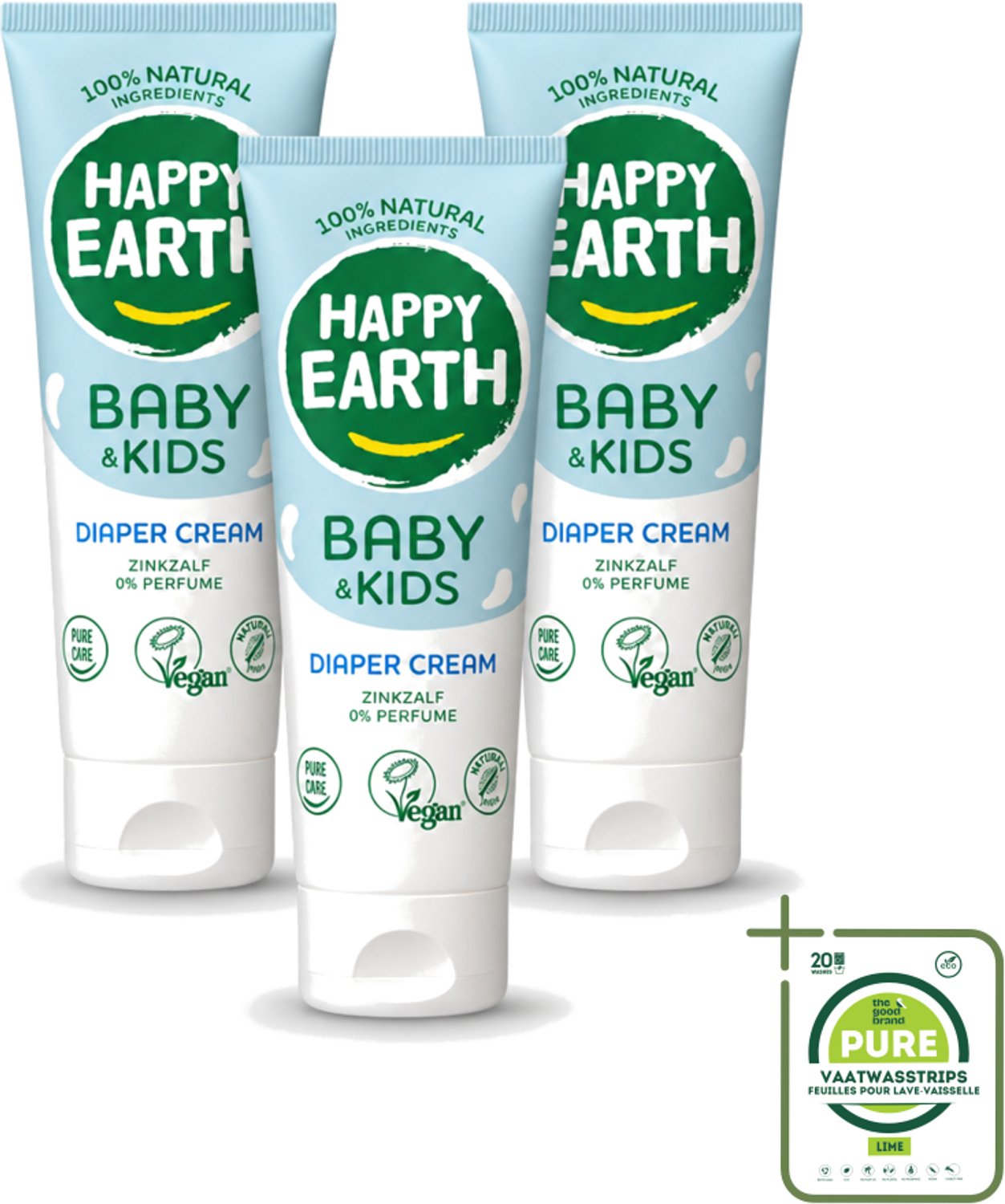 3 x Happy Earth – Diaper Cream – 100% Natuurlijk Baby & Kids – 75 ml - Grootverpakking - Vaatwasstrips - Babybillenbescherming - Luieruitslag Voorkomen - Zachte Babyhuid - Zinkoxide Crème - Natuurrustende Crème
