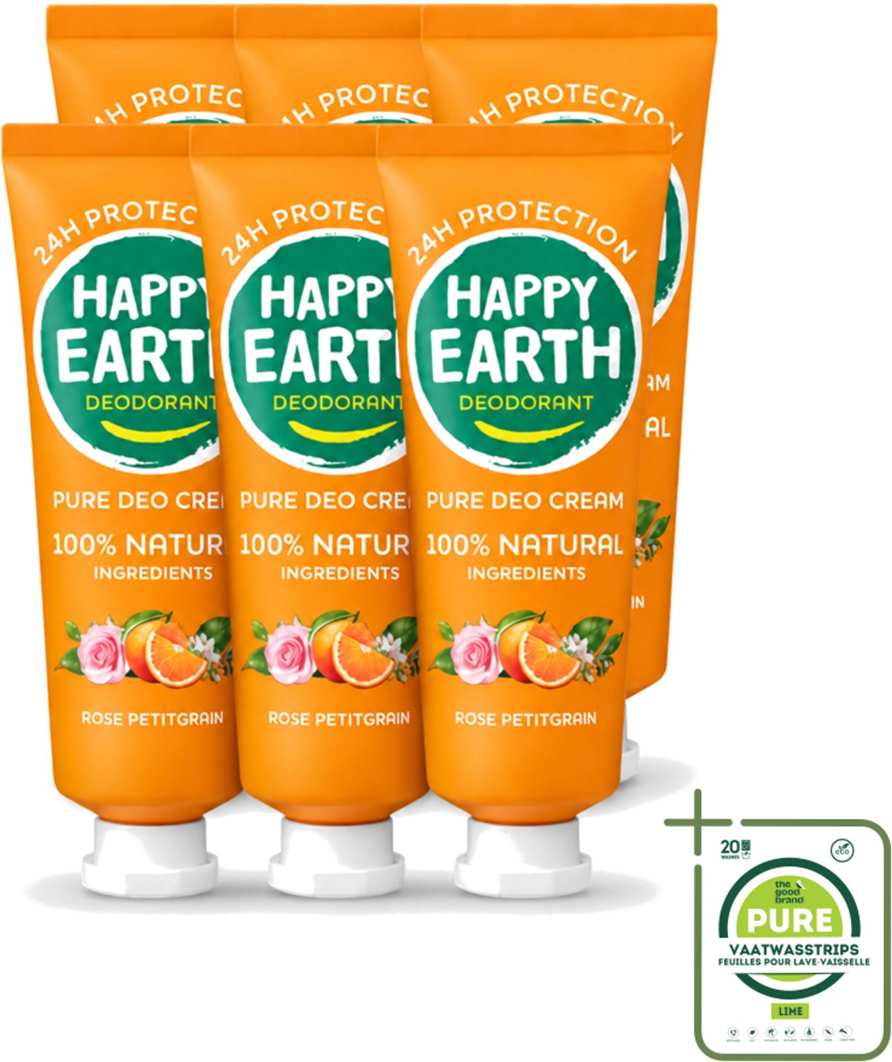 6 x Happy Earth – Deodorant Cream – 100% Natuurlijk Rose Petitgrain – 40 ml - Grootverpakking - Natuurlijke Deodorant - Deodorant Crème - Frisse Geur - Bloemige Geur - Huidvriendelijk