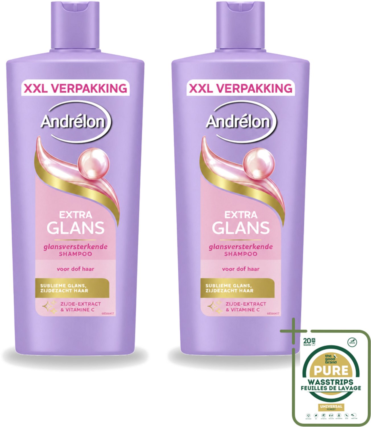 2 x Andrélon – Shampoo – Extra Glans – 685 ml - Wasstrips - Haarverzorging - Glansgevende Shampoo - Dof Haar - Zijde-extract - Vitamine C