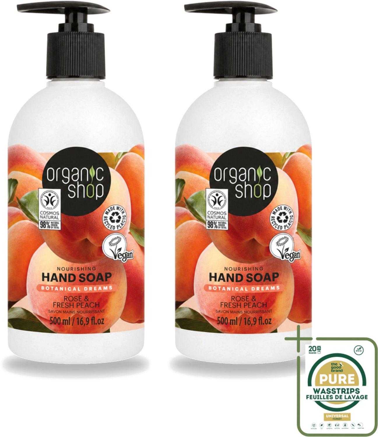 2 x Organic Shop - Handzeep Rose & Peach - Verzorgend en Hydraterend - 500 ml - Wasstrips - Handzeep - Natuurlijke Handzeep - Handverzorging - Handhydrieren - Handcrème