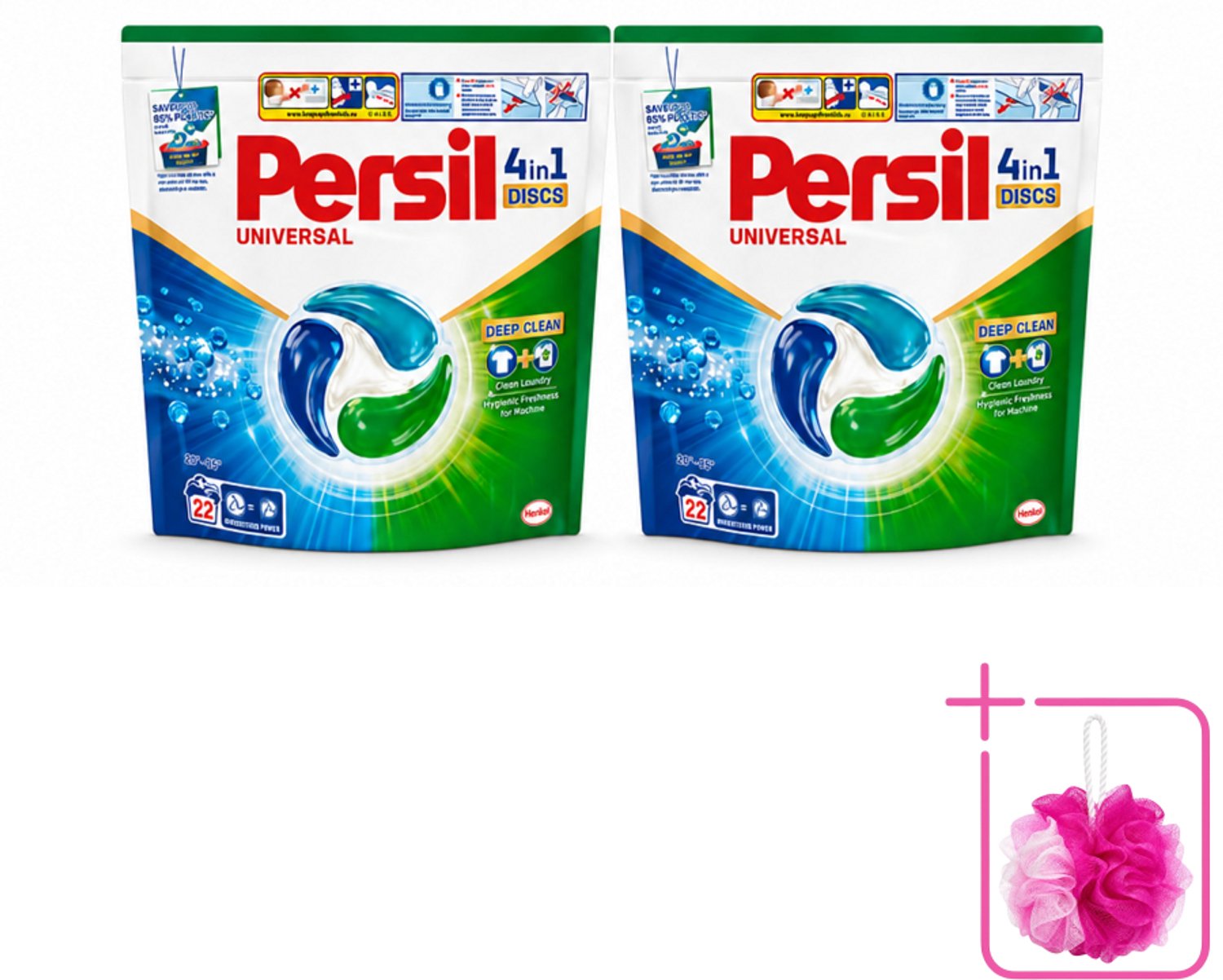 2 x Persil - Wasmiddel - Wasmiddelcapsules Discs Universal - Voor Witte Was - 22 wasbeurten - Bulkverpakking - Persil 4in1 Discs - Douchemop - Witte was