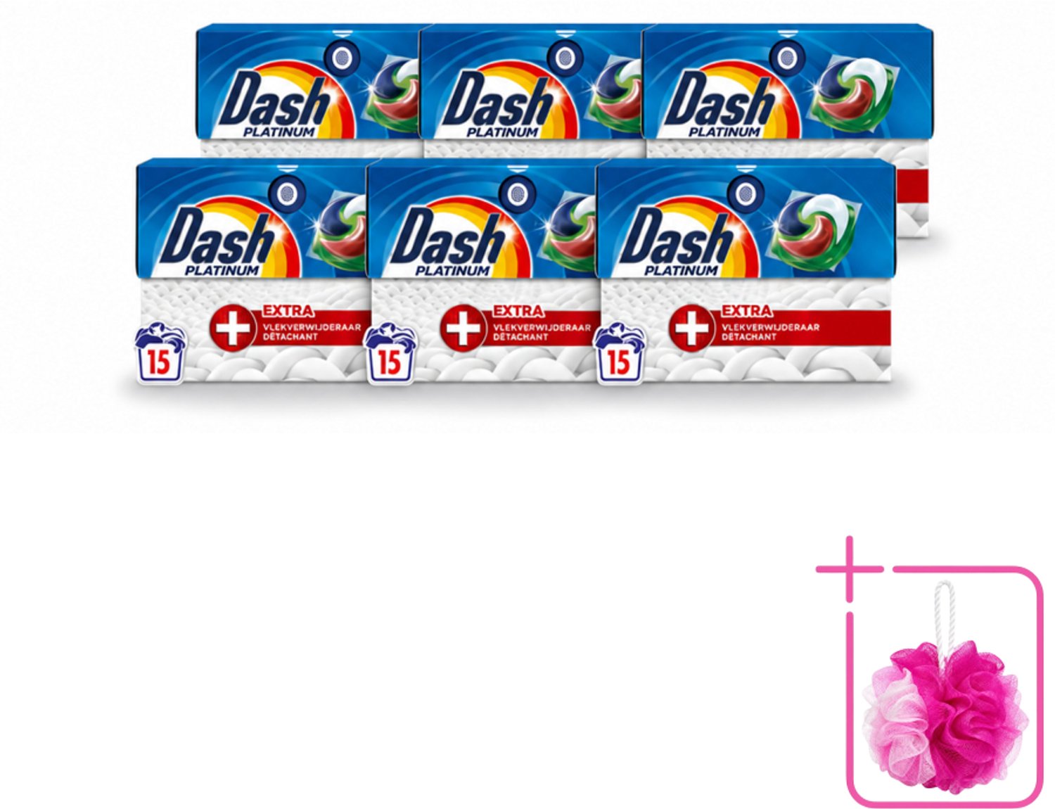 6 x Dash – Wasmiddelcapsules – 4in1 Platinum Pods + Extra Vlekkenverwijderaar – 15 capsules - Bulkverpakking - Vlekverwijdering - Douchemop - Wasmiddel