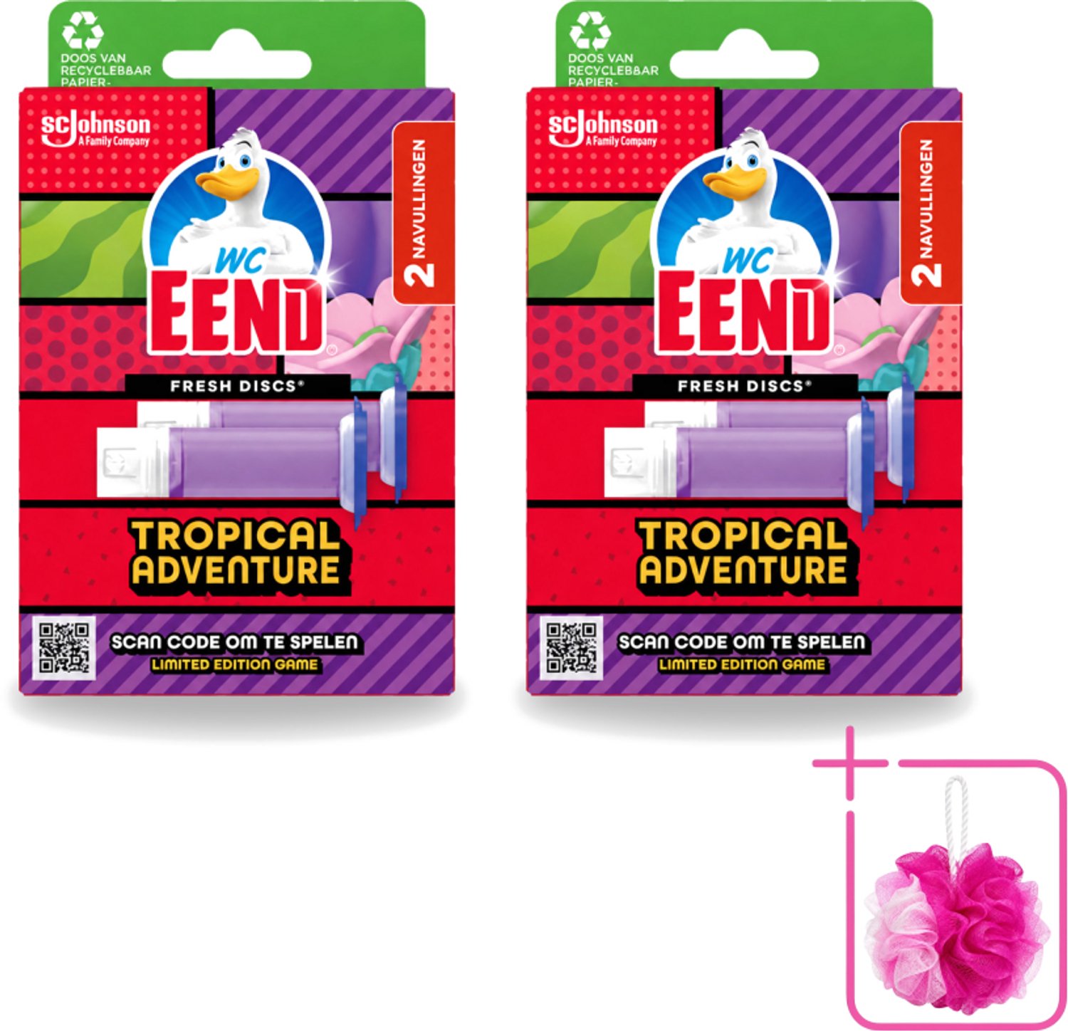 2 x WC Eend – Fresh Discs – Duo Navulling – Tropical Adventure – 72 ml - Bulkverpakking - Toilet reinigen - Douchemop - Toilet geur