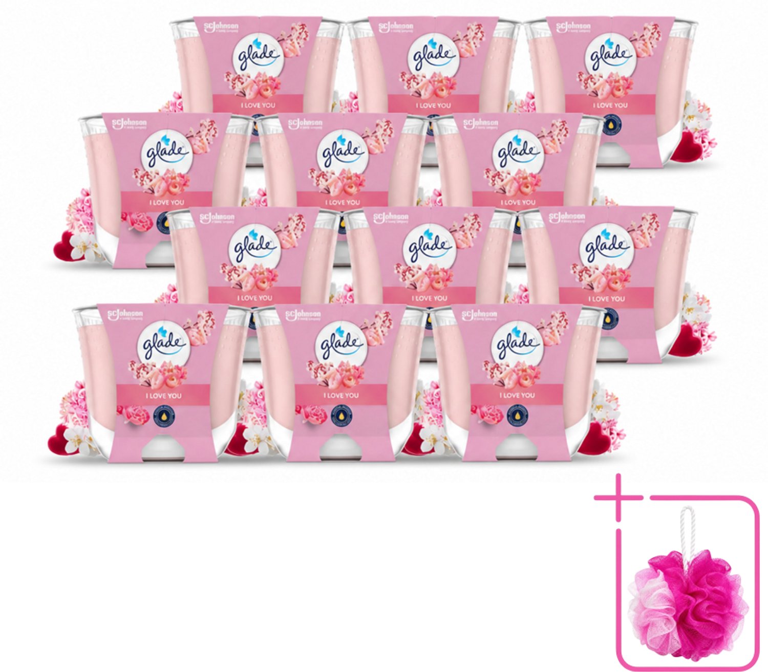 12 x Glade - Geurkaars I Love You - 100% Raapzaadwas - 204 g - Bulkverpakking - Geurkaars - Douchemop - Romantische geur