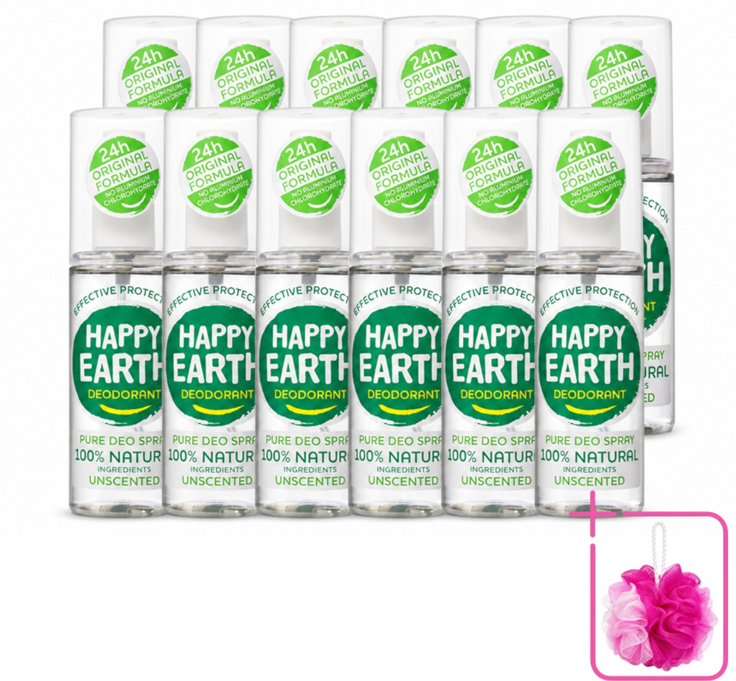 12 x Happy Earth – Deodorant Spray – 100% Natuurlijk Unscented – 100 ml - Bulkverpakking - Geurloos deodorant - Douchemop - Hypoallergene deodorant