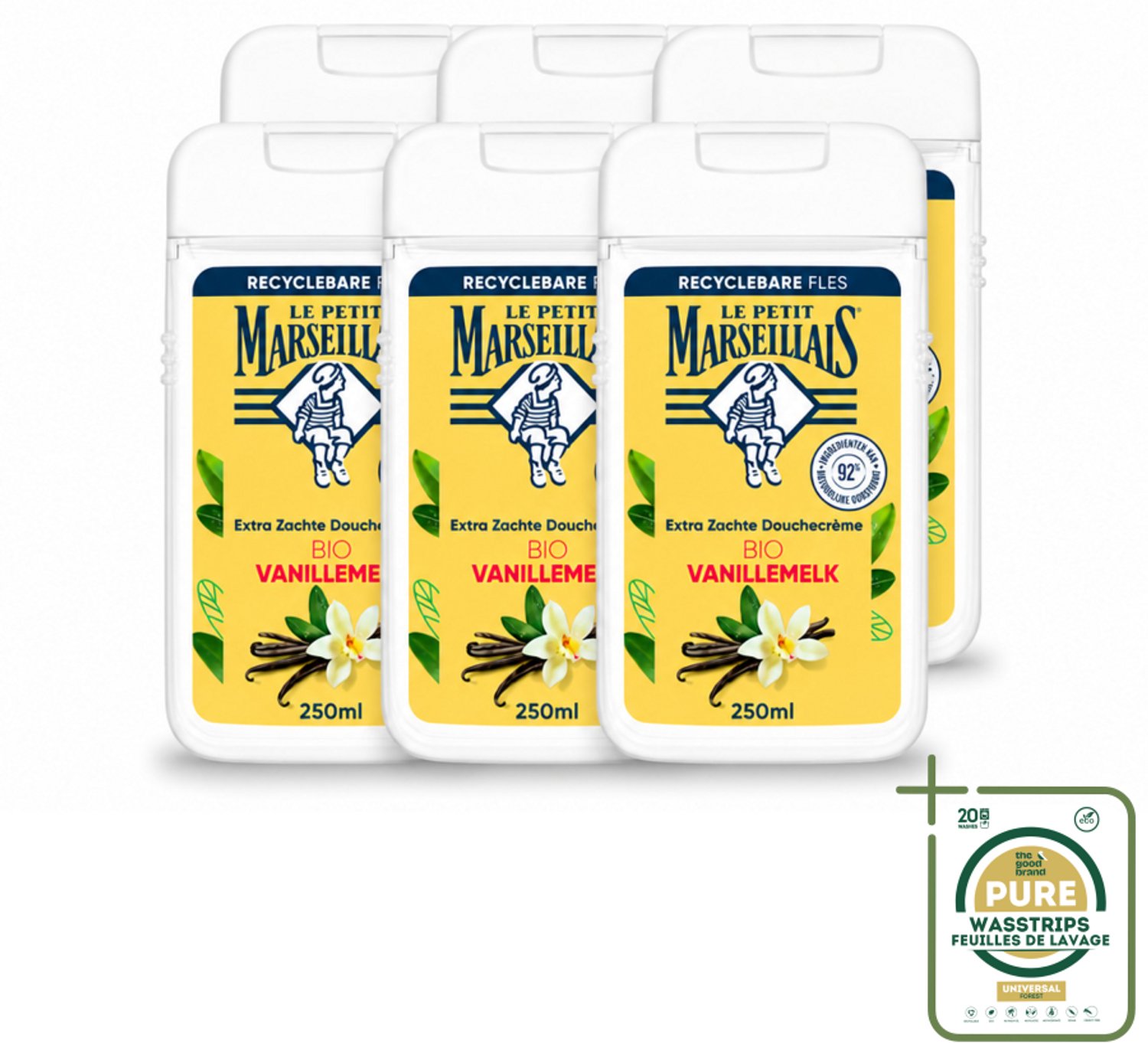 6 x Le Petit Marseillais – Douchecrème – Lait de Vanille Bio – Extra zacht – 250 ml - Wasstrips - Douchecrème - Vanille - Bio - Zachte Douchecrème - Huid Verzorging