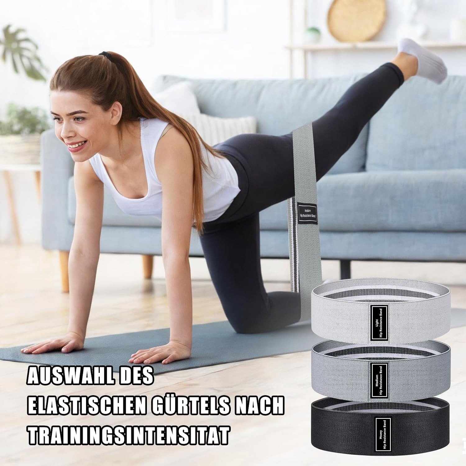 Set van 3 niet-slip fitnessbanden voor billen en benen, ideaal voor pilates en krachttraining met draagnet inbegrepen