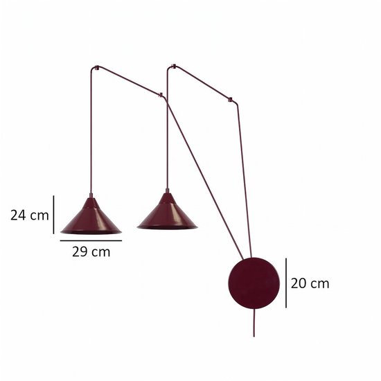 Bourgondische wandlamp met twee kegelvormige kappen. Afmetingen: 24 cm hoog, 29 cm breed, 20 cm ronde muurplaat.