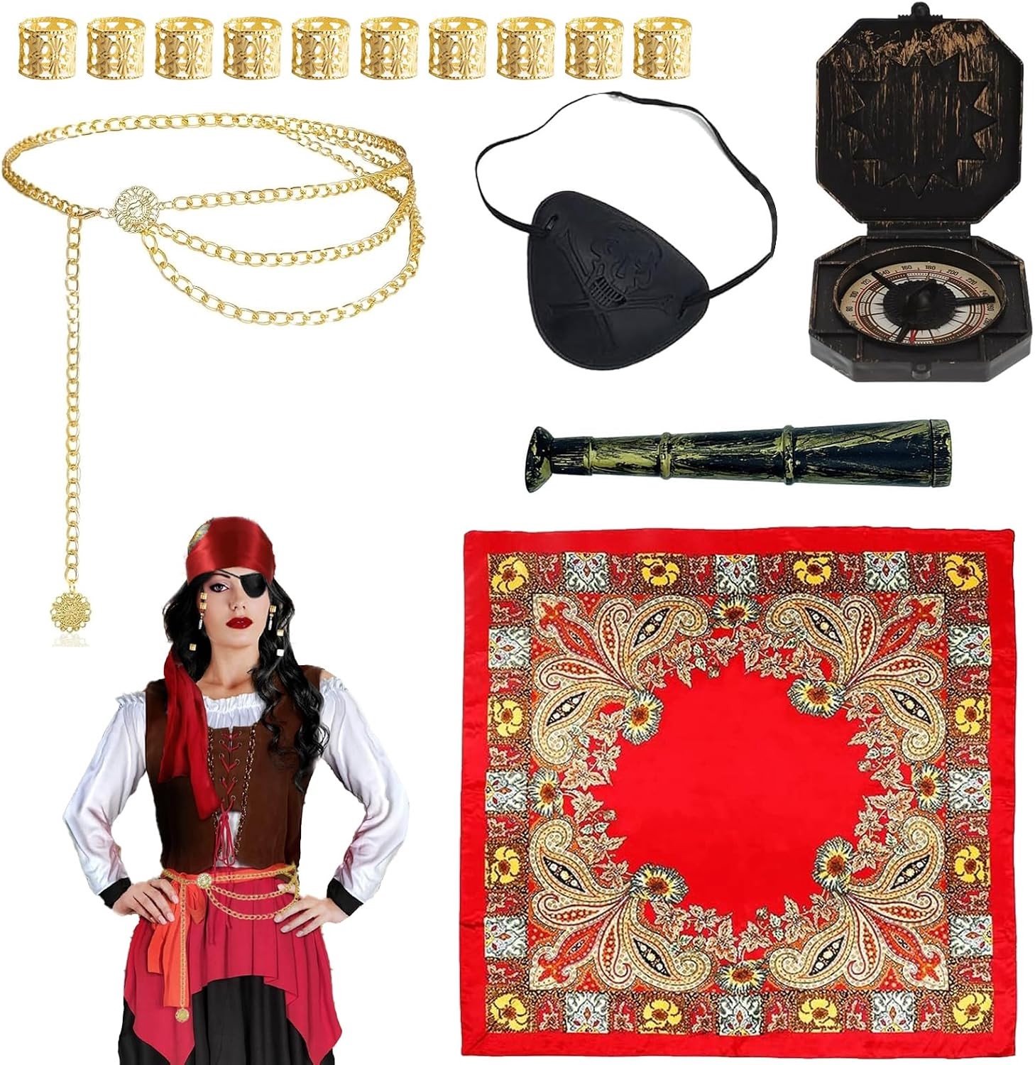 Piratenkostuum Accessoireset voor Dames en Meisjes - Ooglap, Verrekijker en Doodskop Tas - Perfect voor Carnaval en Themafeesten