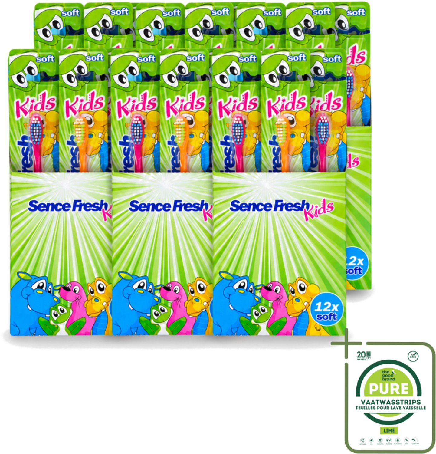 6 x Sence - Fresh Kids Soft - Tandenborstels - Zacht - 12 Tandenborstels - Grootverpakking - Vaatwasstrips - Tandenborstel Voor Kinderen - Zachte Tandenborstel - Tandenborstel Voor Jonge Kinderen - Gezonde Mondhygiëne - Kindertandborstel