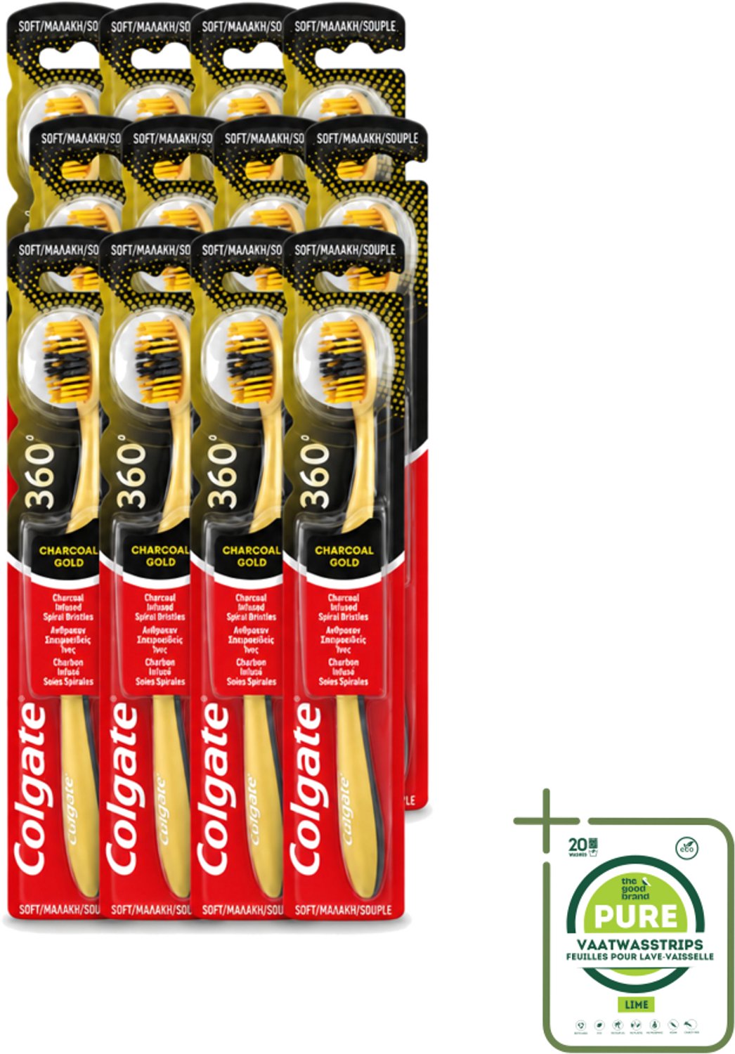 12 x Colgate - Tandenborstel - 360 Charcoal Gold Soft - Zwart/Goud - 1 Tandenborstel - Grootverpakking - Vaatwasstrips - Tandenborstel - Houtskool - Tanden Reinigen - Tanden Witter Maken - Tandenborstel Houtskool