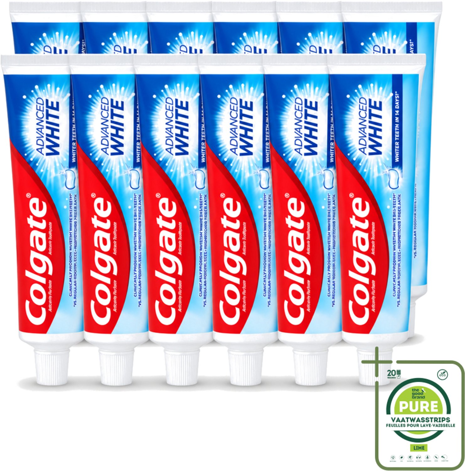 12 x Colgate - Advanced White - Tandpasta - 100ml - Grootverpakking - Vaatwasstrips - Tandpasta - Witte Tanden - Vlekverwijdering - Tandbederf - Gaatjes