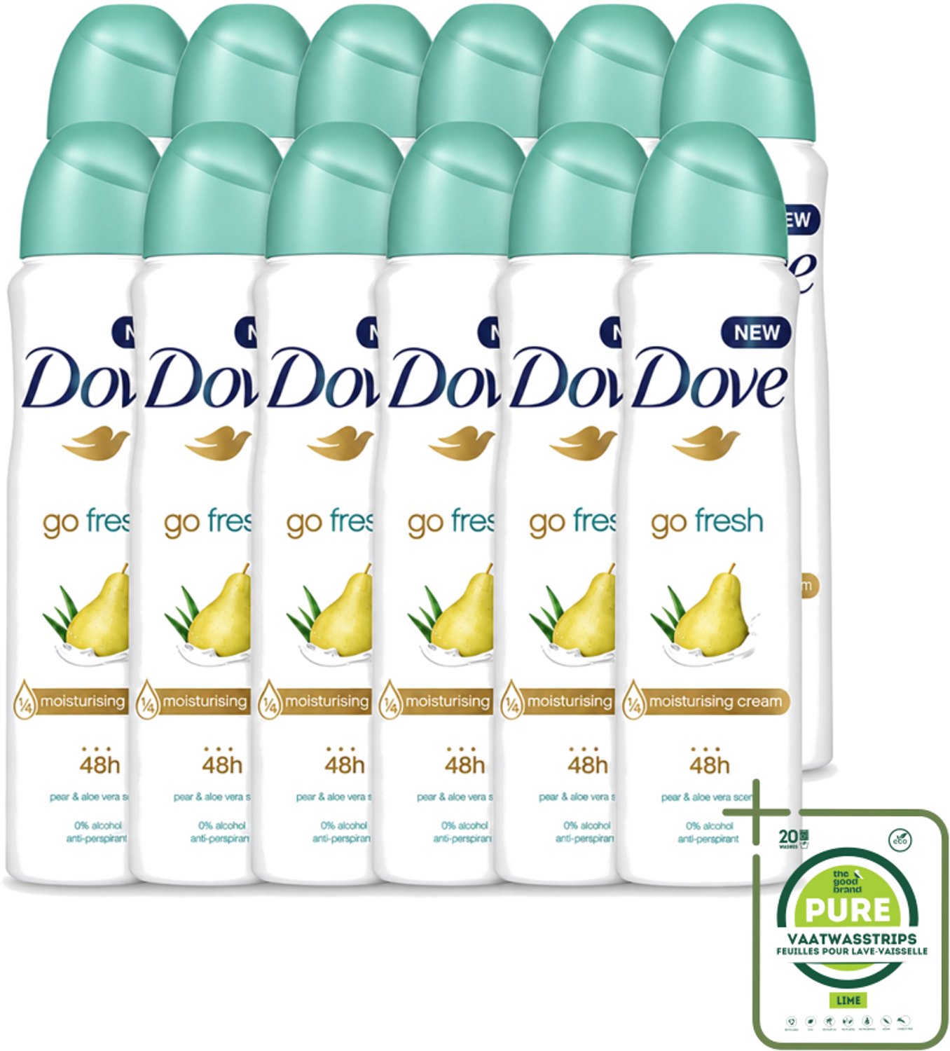 12 x Dove - Deodorant - Spray Go Fresh Pear & Aloe - Frisse en verzorgende geur - 250 ml - Grootverpakking - Vaatwasstrips - Dove Deodorant Spray - Go Fresh Pear - Aloe Vera - Frisheid - Okselverzorging