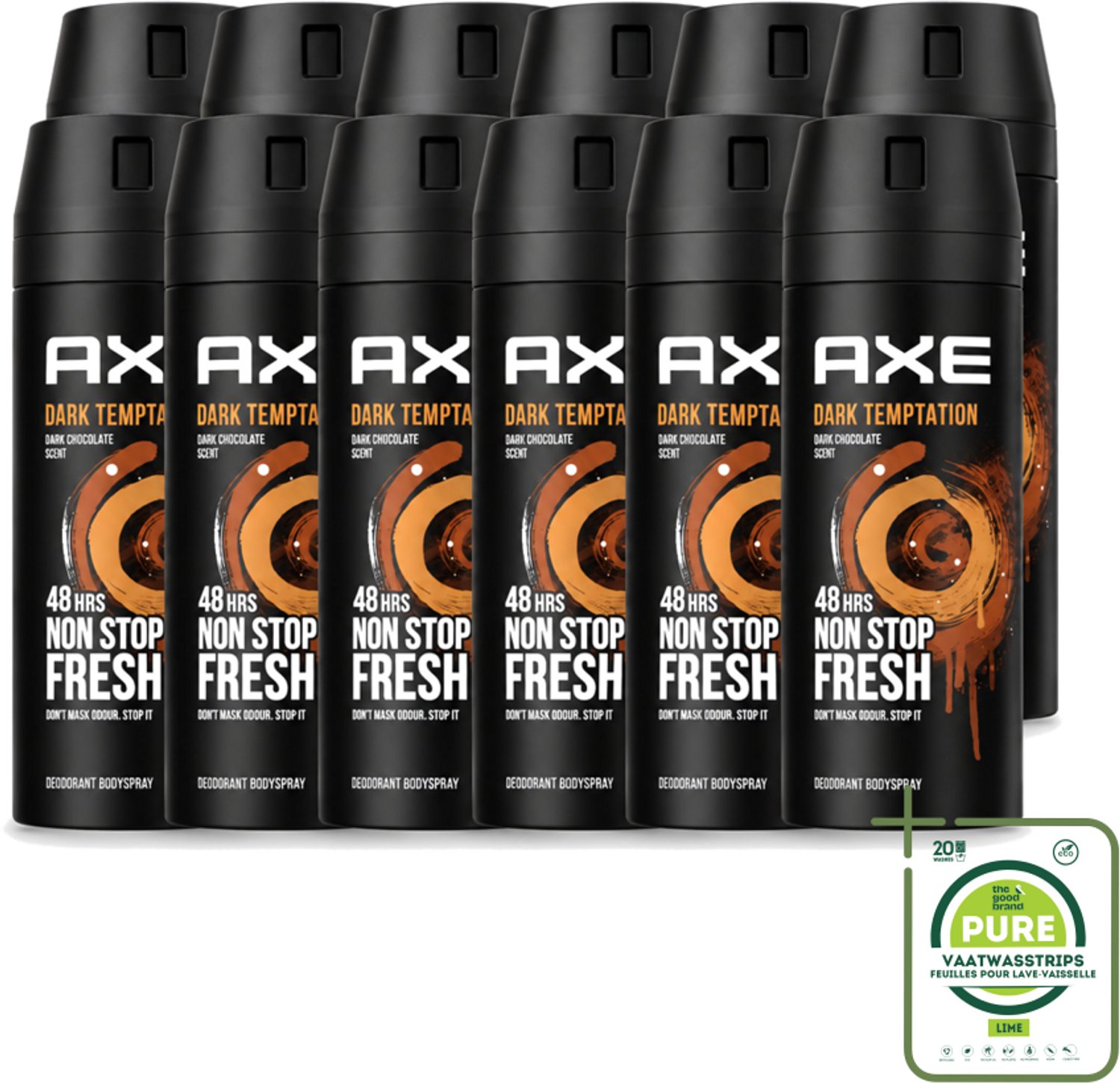 12 x Axe - Deodorant Bodyspray - 48hrs Non Stop Fresh - Dark Temptation - Dark Chocolate - 150 ml - Grootverpakking - Vaatwasstrips - Axe Dark Temptation - Deodorant - Chocolade - Geur - Verleiding