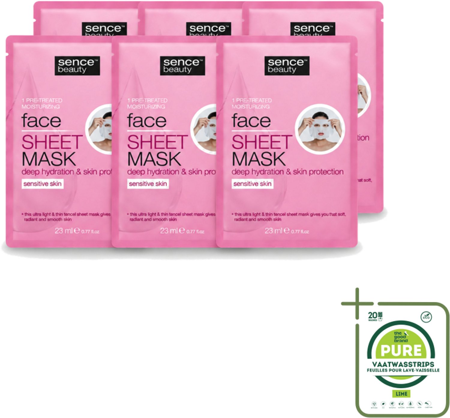6 x Sence - Tencel - Gezichtsmasker - Hydraterend - 1 Gezichtsmasker - Grootverpakking - Vaatwasstrips - Gezichtsverzorging - Gezichtsmasker - Hydraterend Masker - Tencel Masker - Huidverzorging