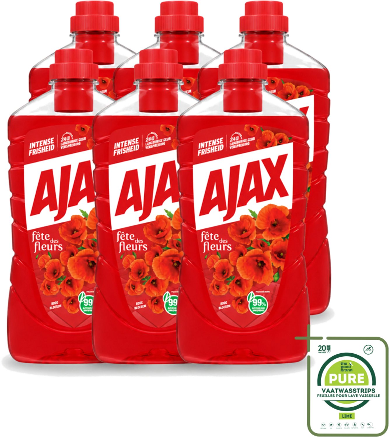 6 x Ajax - Allesreiniger - Fête des Fleurs - Intense Frisheid - Langdurige Geurverspreiding - 1 L - Grootverpakking - Vaatwasstrips - Allesreiniger - Bloemgeur - Natuurlijke Reiniging - Frisheid - Gerecycled