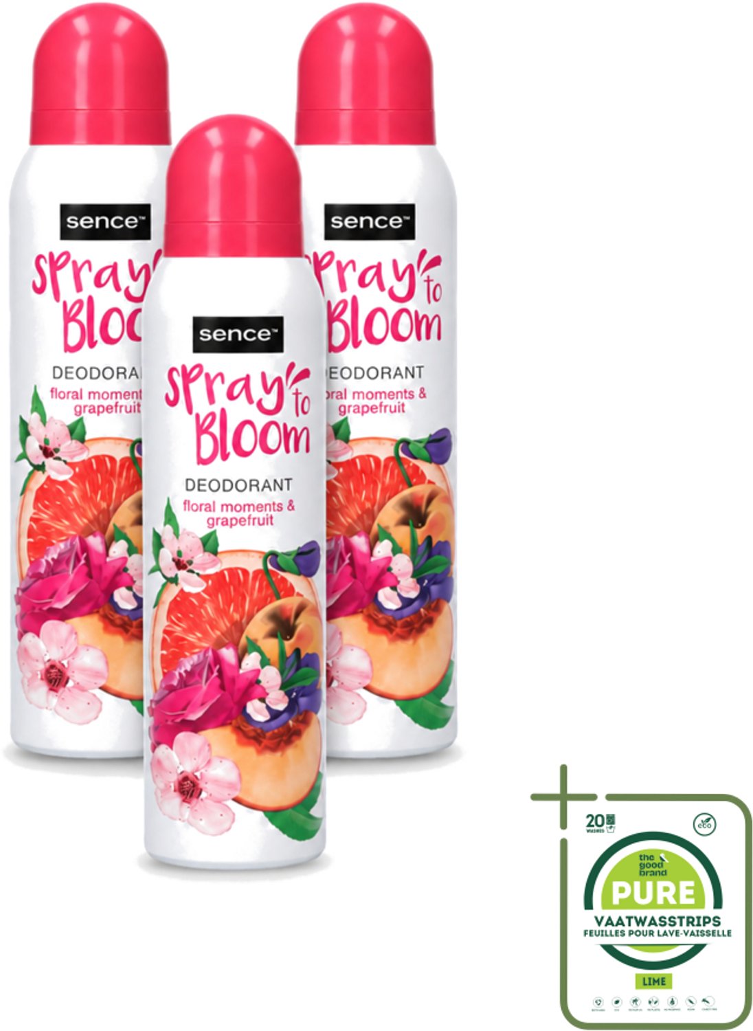 3 x Sence - Floral & Grapefruit - Deodorant - Fris & Fruitig - 150 ml - Grootverpakking - Vaatwasstrips - Frisheid - Fruitige Geur - Deodorant - Bloemige Geur - Grapefruit