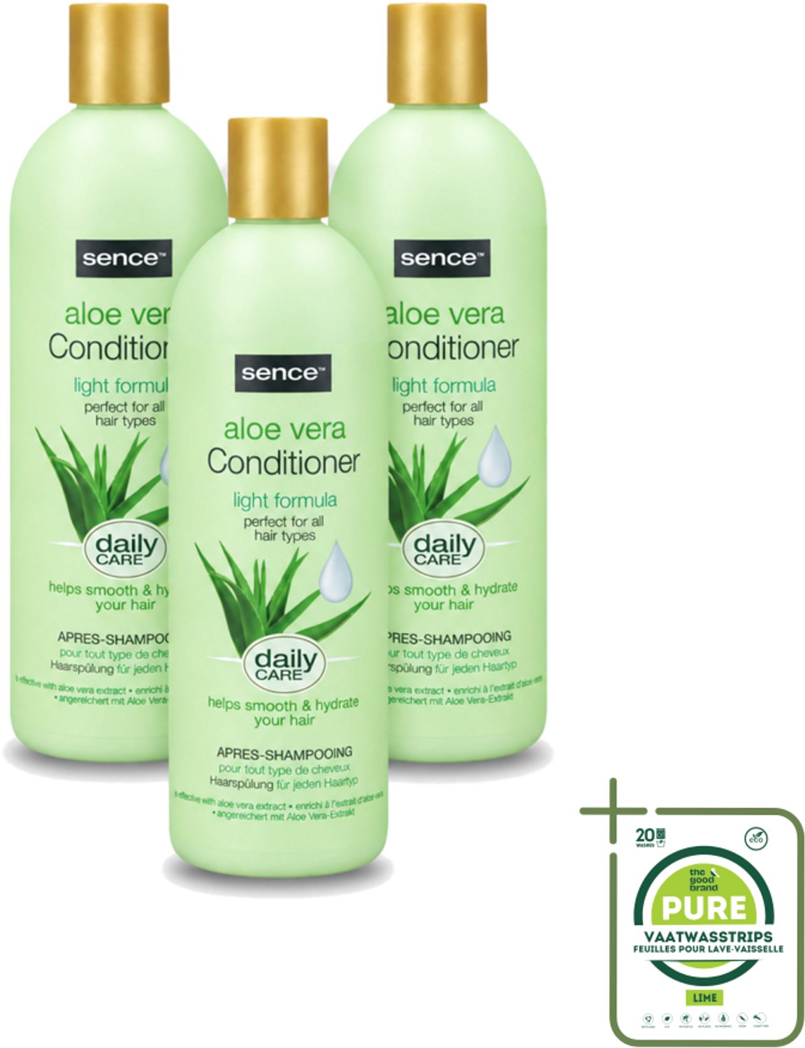 3 x Sence - Aloë Vera - Conditioner - Hydraterend - 400 ml - Grootverpakking - Vaatwasstrips - Aloë Vera Conditioner - Haarhydrateren - Droog Haar Verzorgen - Beschadigd Haar Herstellen - Haar Herstellen