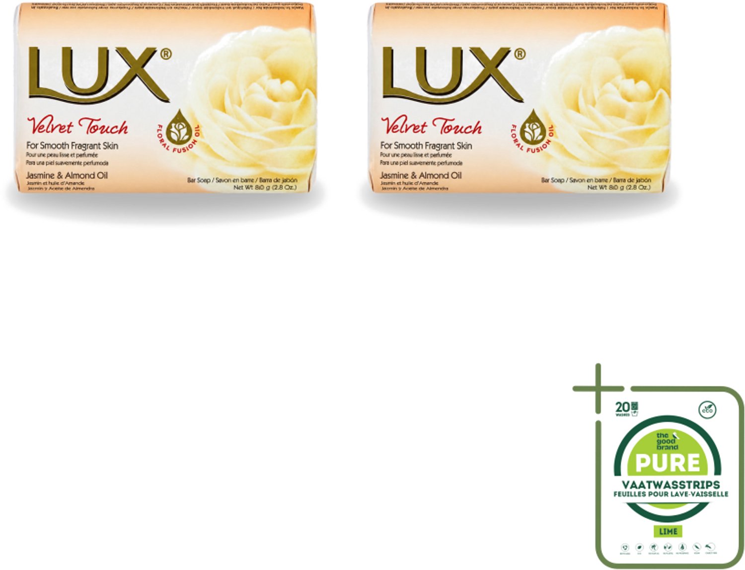 2 x Lux - Zeep - Velvet Touch - Hydraterend - Voor Geurige Huid - 80 g - Grootverpakking - Vaatwasstrips - Luxueuze Zeep - Zijdezachte Zeep - Hydraterende Zeep - Geurende Zeep - Huidverzorging