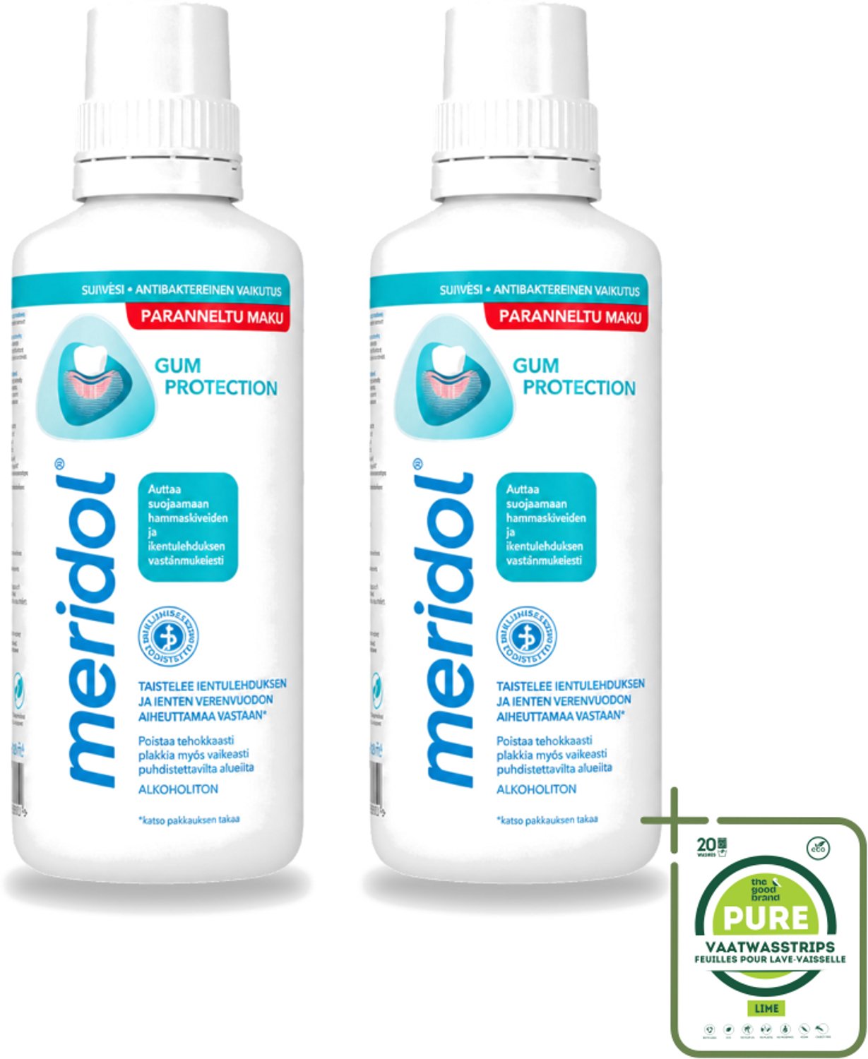 2 x Meridol - Mondspoeling - Dagelijkse Mondverzorging - Voorkomt Tandvleesproblemen - 400 ml - Grootverpakking - Vaatwasstrips - Mondspoeling - Tandvleesverzorging - Tandvleesproblemen - Mondhygiëne - Plaquebacteriën